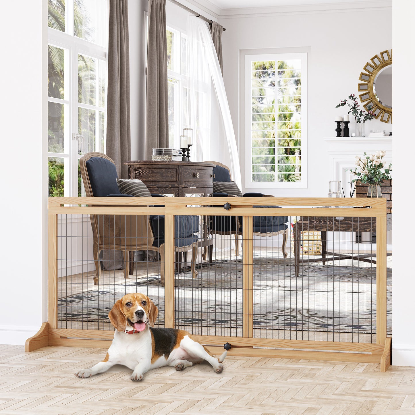 41"-72" Wooden Freestanding Pet Gate with Support Feet, for Small Medium Dogs, Natural Houses, Kennels & Pens Natural  at Gallery Canada