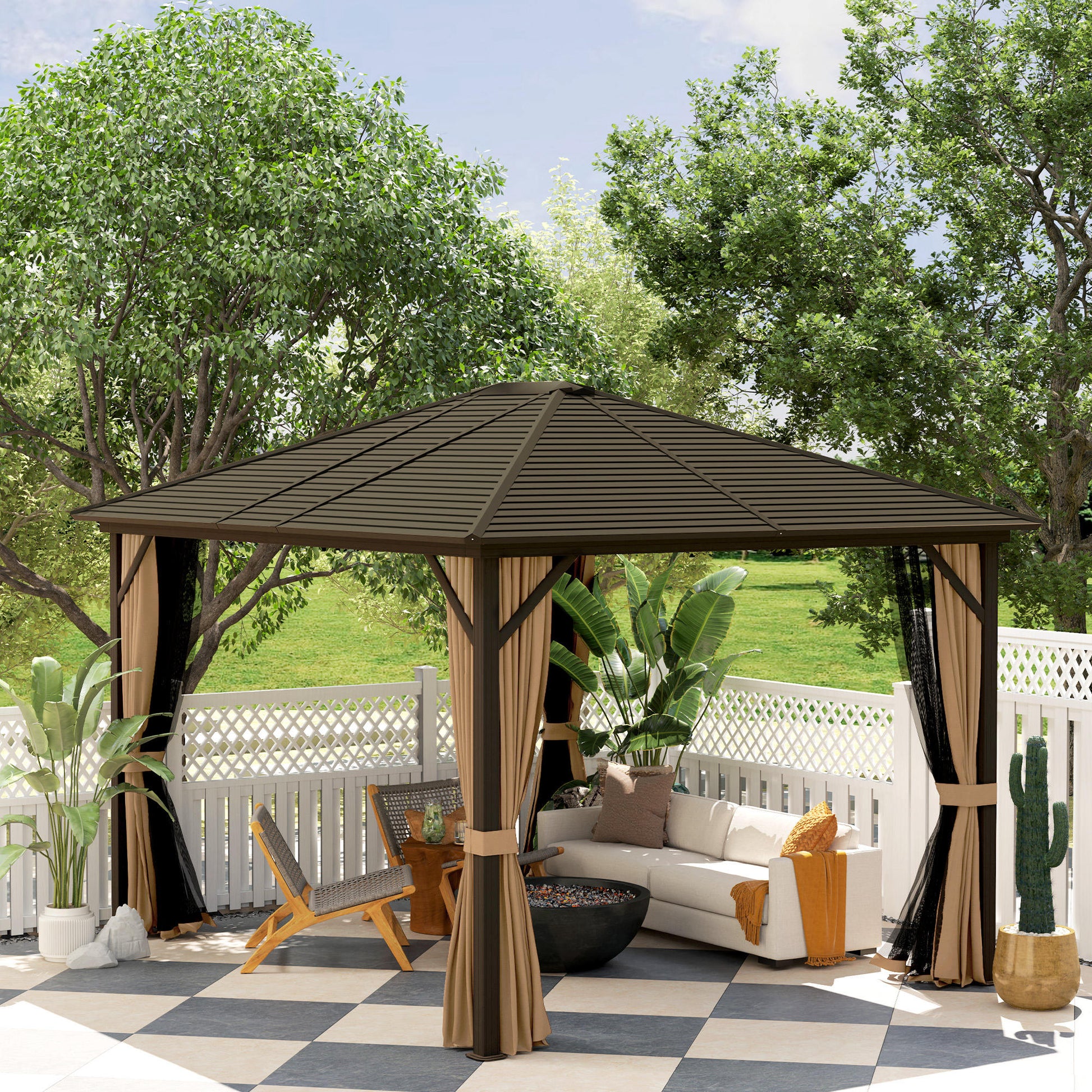 10' x 12' Deluxe Hardtop Gazebo with Metal Roof, Aluminum Frame Patio Gazebo Garden Sun Shelter Outdoor Pavilion with Curtains and Netting, Coffee Gazebos at Gallery Canada