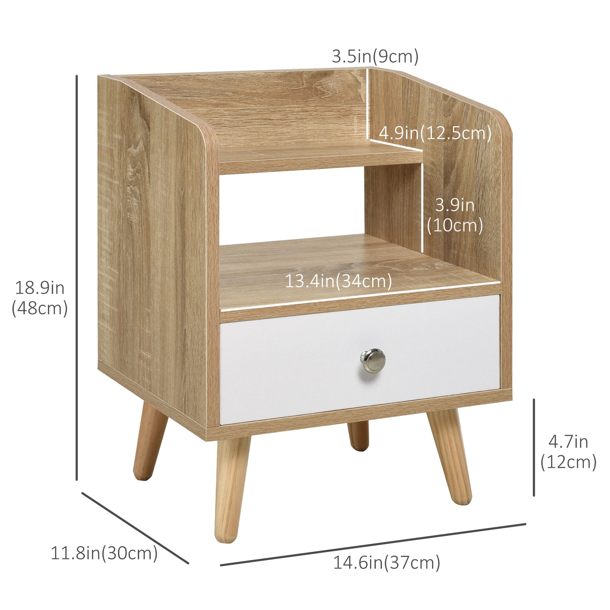 Bedside Table with 2-tier Shelf and Drawer, Side End Table with Storage for Living Room, Bedroom, Natural Bedside Tables Natural and White  at Gallery Canada