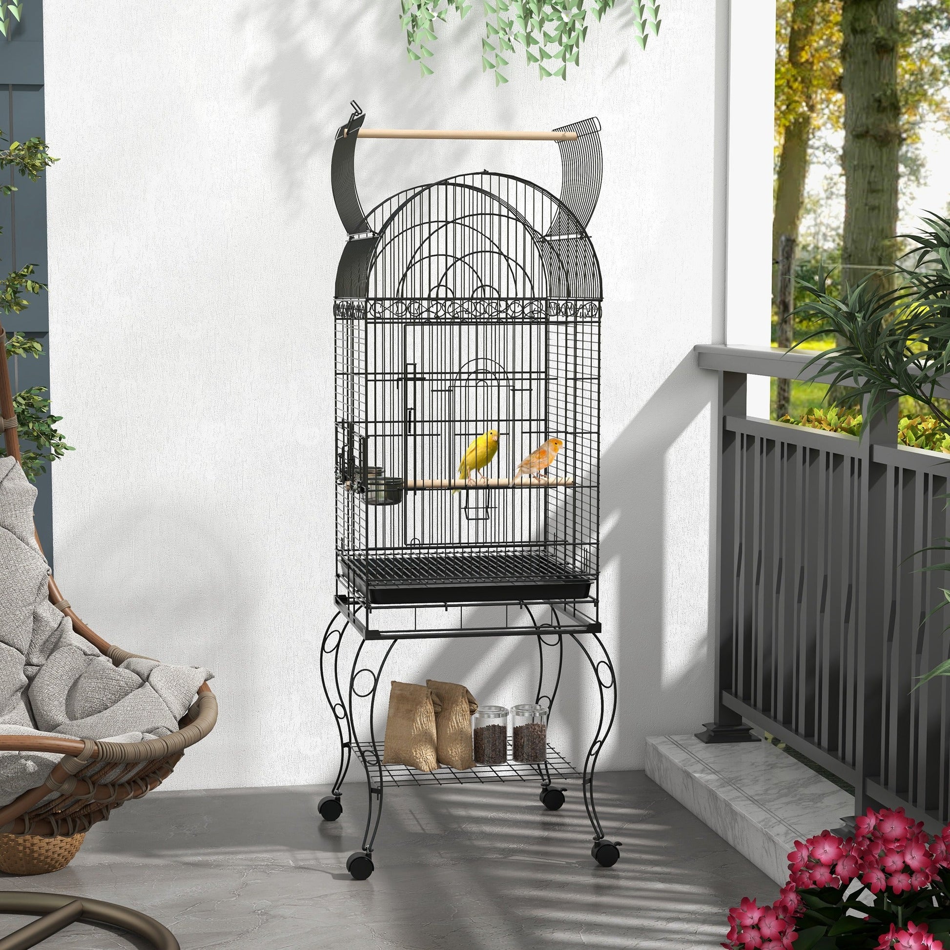 60" Open Top Parrot Cage with Stand, Tray, Perches, Shelf, Black Bird Cages   at Gallery Canada