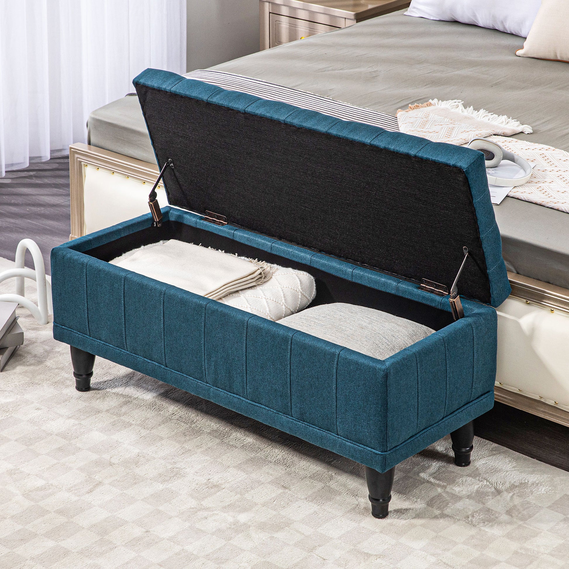 Storage Ottoman, Linen Fabric End of Bed Bench with Button Tufted Storage Bench for Bedroom, Blue Storage Ottomans & Benches   at Gallery Canada