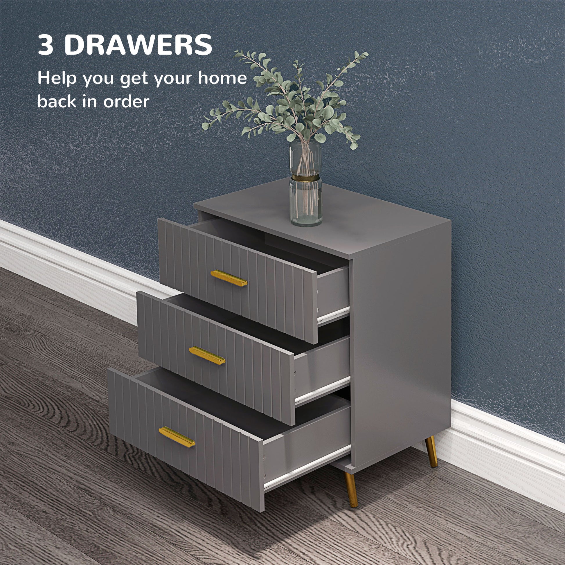 3 Drawer Cabinet, Drawer Chest for Bedroom, Chest of Drawers with Aluminium Legs and Gold Handles, Dark Grey Storage Cabinets   at Gallery Canada