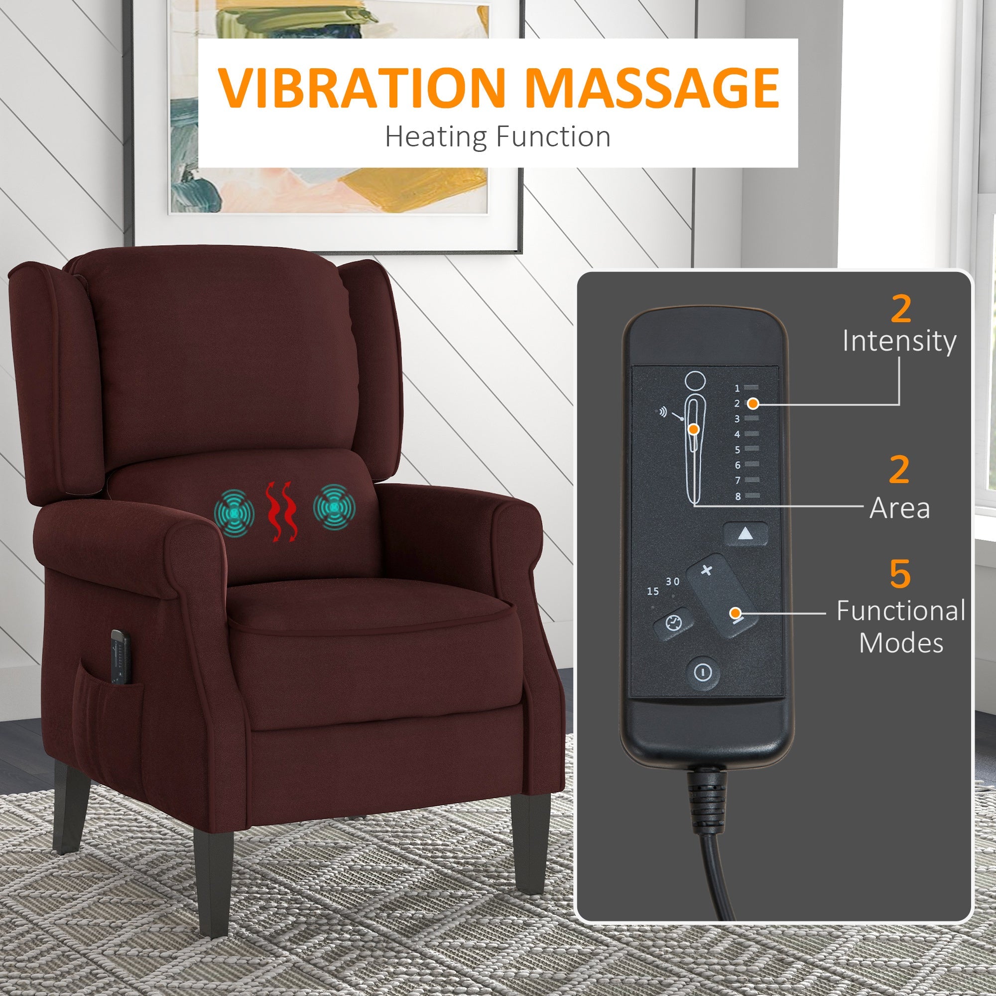 Push Back Recliner Chair, Vibration Massage Recliner for Living Room with Extendable Footrest, Remote, Pocket, Brown Single Sofas   at Gallery Canada