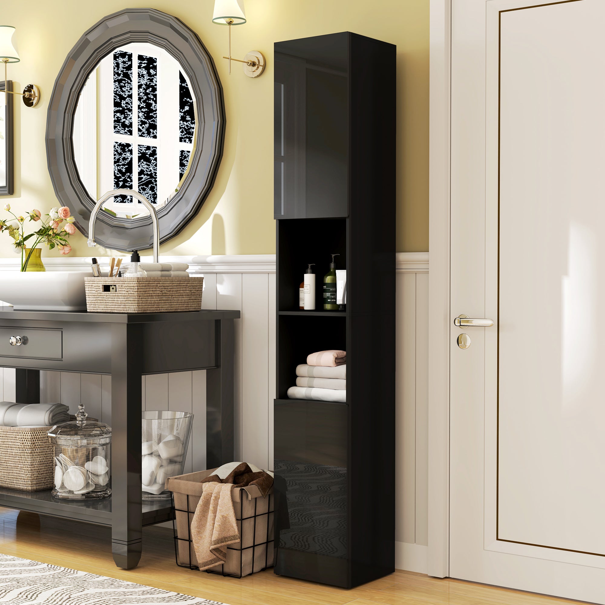 Tall Bathroom Cabinet, High Gloss Storage Cabinet with Doors and Adjustable Shelves, 11.8