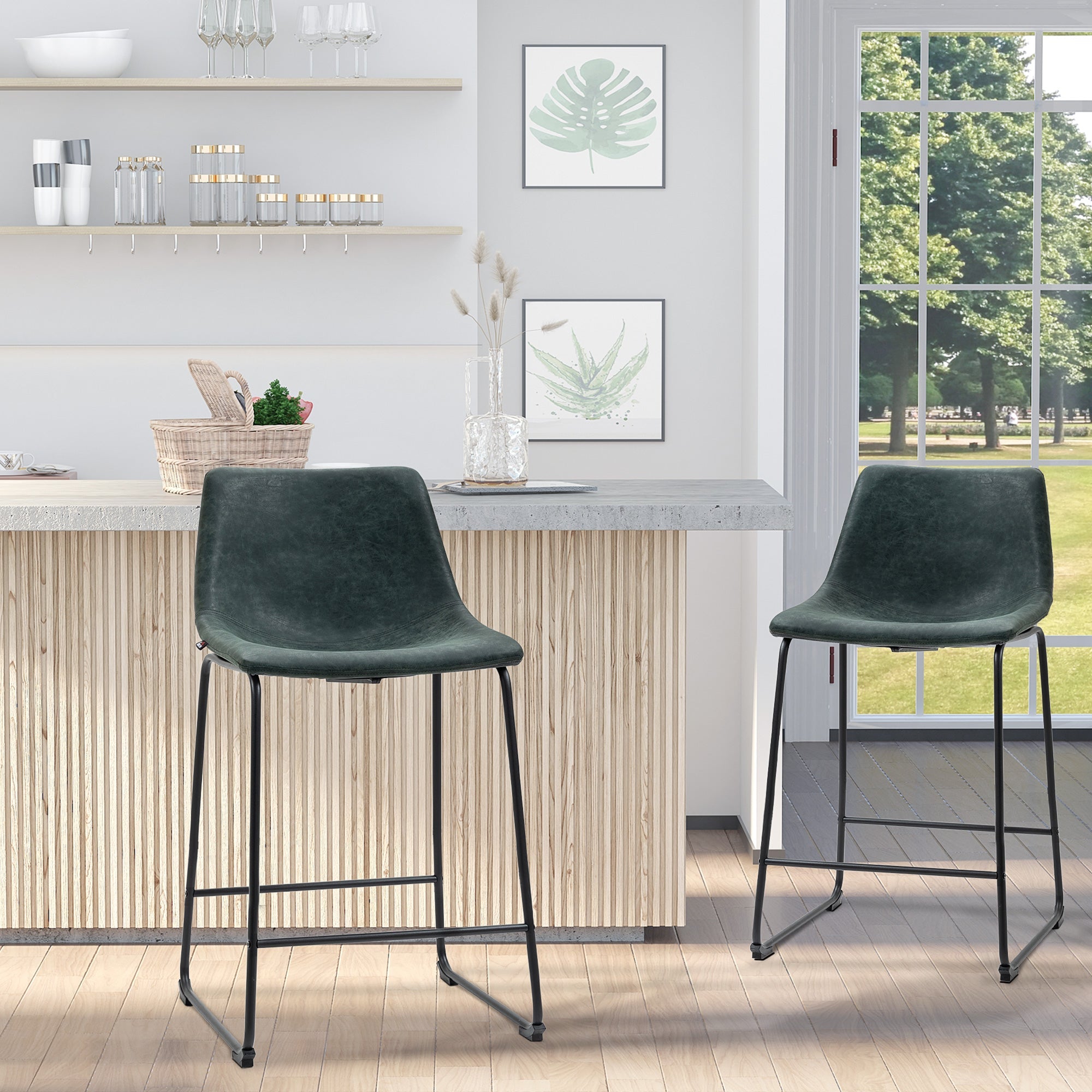 Counter Height Bar Stools Set of 2, Vintage PU Leather Bar Chairs, Kitchen Stool with Footrest for Home Bar Green Bar Stools   at Gallery Canada