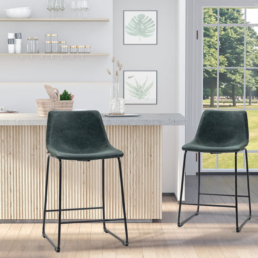 Counter Height Bar Stools Set of 2, Vintage PU Leather Bar Chairs, Kitchen Stool with Footrest for Home Bar Green Bar Stools Dark Green  at Gallery Canada