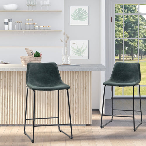 Counter Height Bar Stools Set of 2, Vintage PU Leather Bar Chairs, Kitchen Stool with Footrest for Home Bar Green