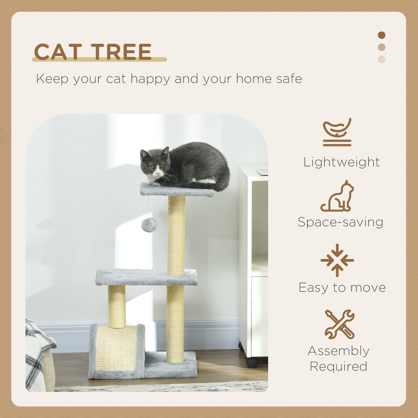 28" Cat Tree with Scratching Post, Pad, Toy Ball for Indoor Cats, Light Grey Cat Posts   at Gallery Canada