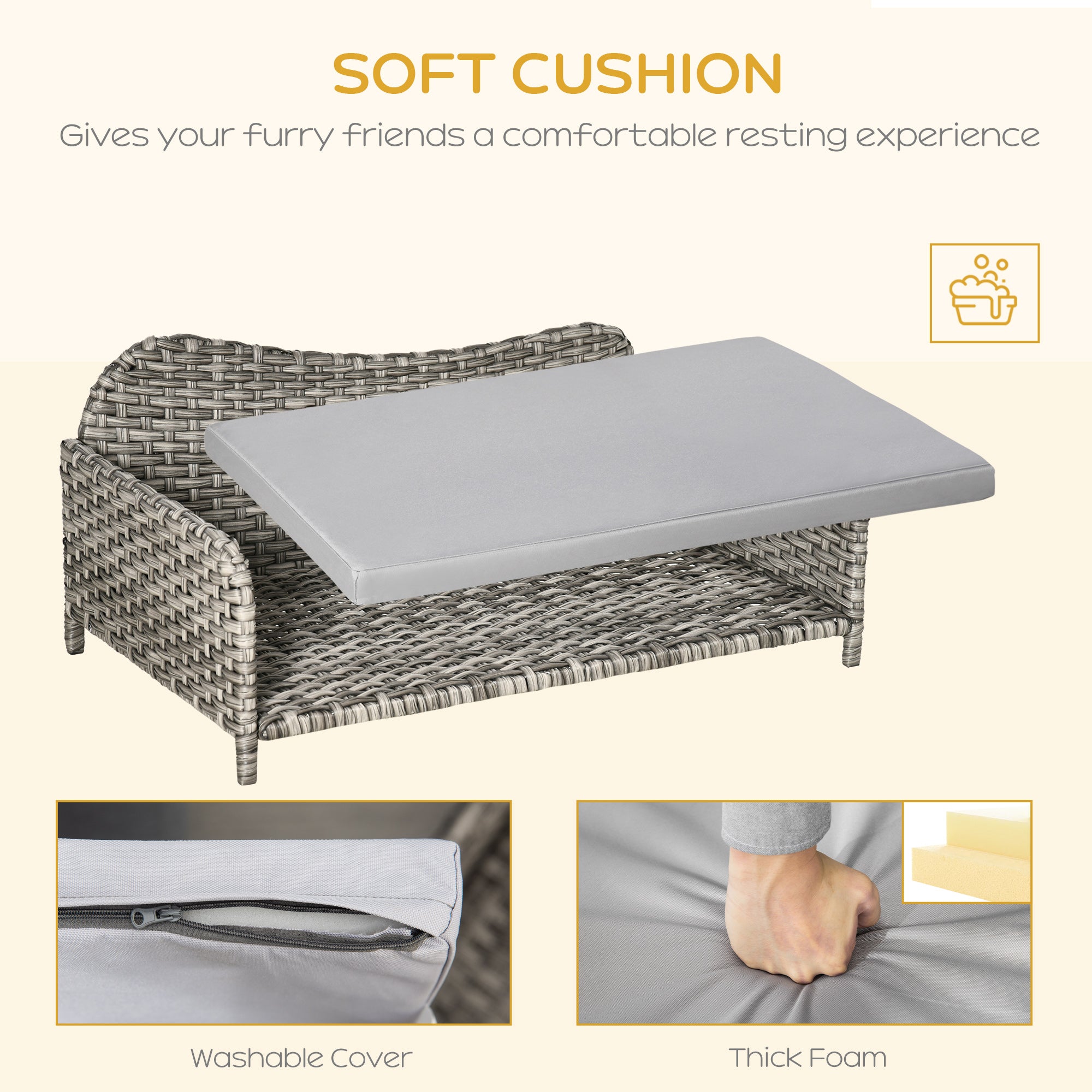 Rattan Pet Sofa for Large &; Medium Dogs, Indoor &; Outdoor Raised Wicker Dog Bed, Cat Couch, with Soft Washable Cushion, Light grey Dog Sofas at Gallery Canada