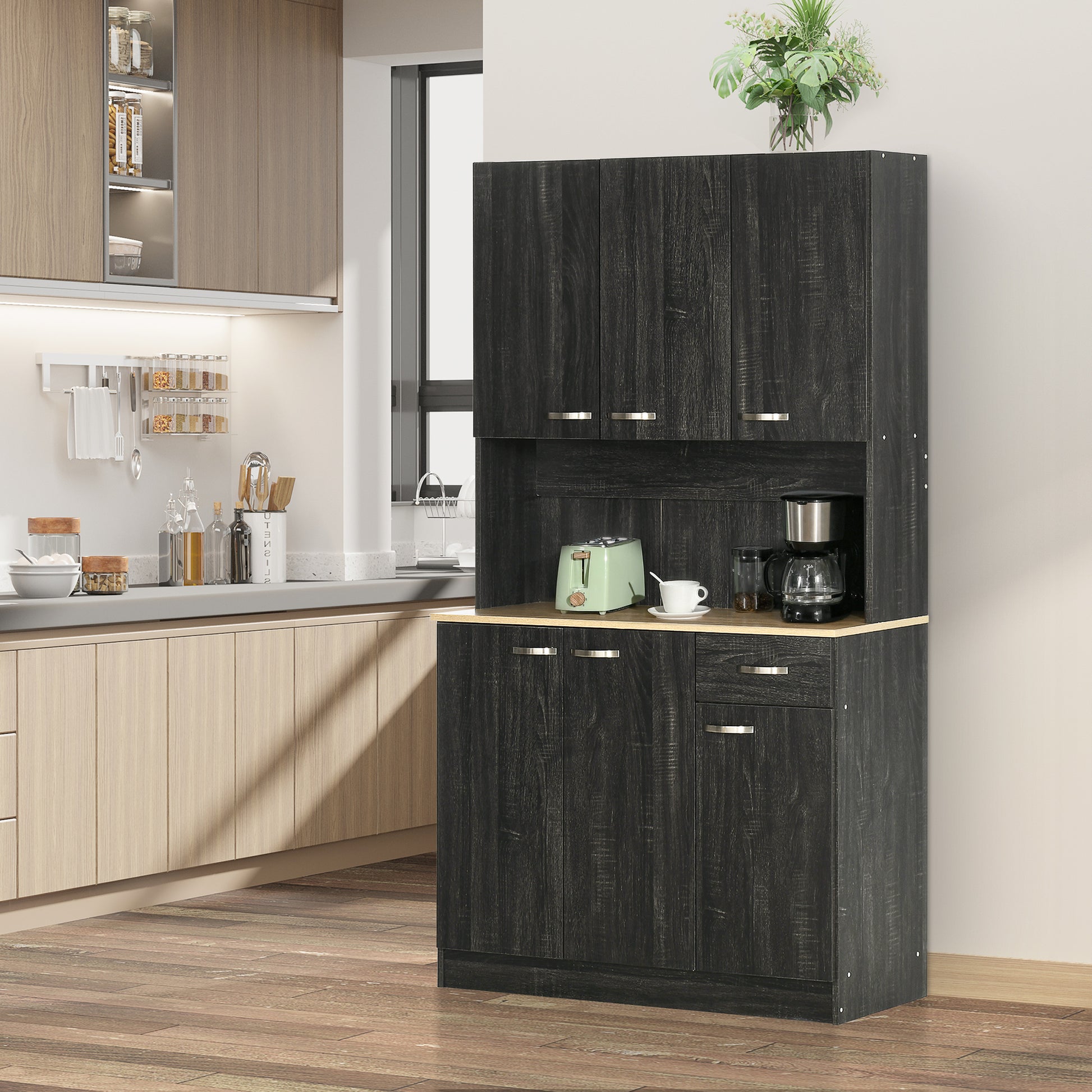 71" Modern Buffet with Hutch, Standing Kitchen Hutch with Storage Cabinets, Drawer, Open Space with Microwave Stand, Black Kitchen Pantry Cabinets Multi Colour  at Gallery Canada