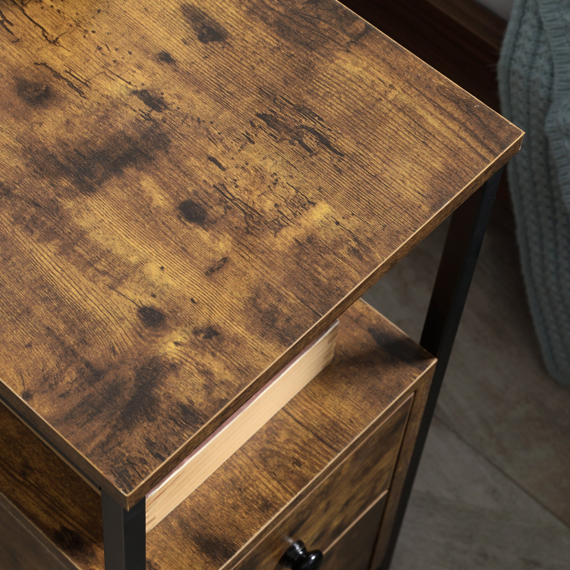 Side Table with 2 Drawers and Storage Shelf, Narrow End Table Nightstand with Metal Frame for Small Spaces, Rustic Brown Side Tables   at Gallery Canada