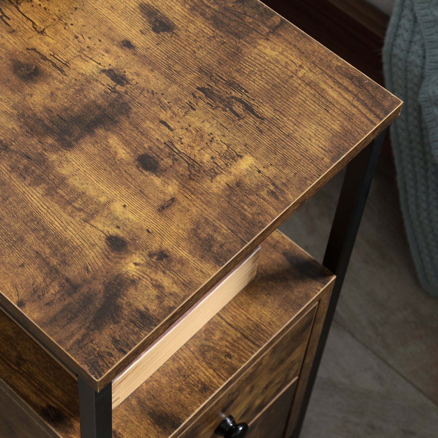 Side Table with 2 Drawers and Storage Shelf, Narrow End Table Nightstand with Metal Frame for Small Spaces, Rustic Brown Side Tables   at Gallery Canada