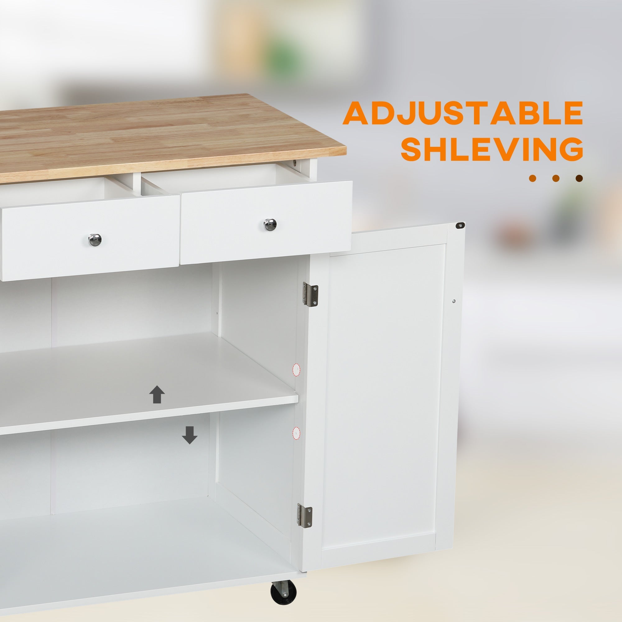 Rolling Kitchen Island with Storage, Kitchen Cart with Rubber Wood Top, Adjustable Shelf, Towel Rack, Hooks and Storage Drawers, White Kitchen Islands & Kitchen Carts   at Gallery Canada