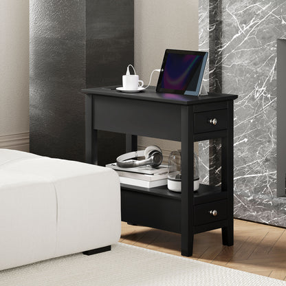 Narrow Side Table with Charging Station, USB Ports, Modern End Table with Storage Shelf, Drawers for Living Room, Black Side Tables   at Gallery Canada