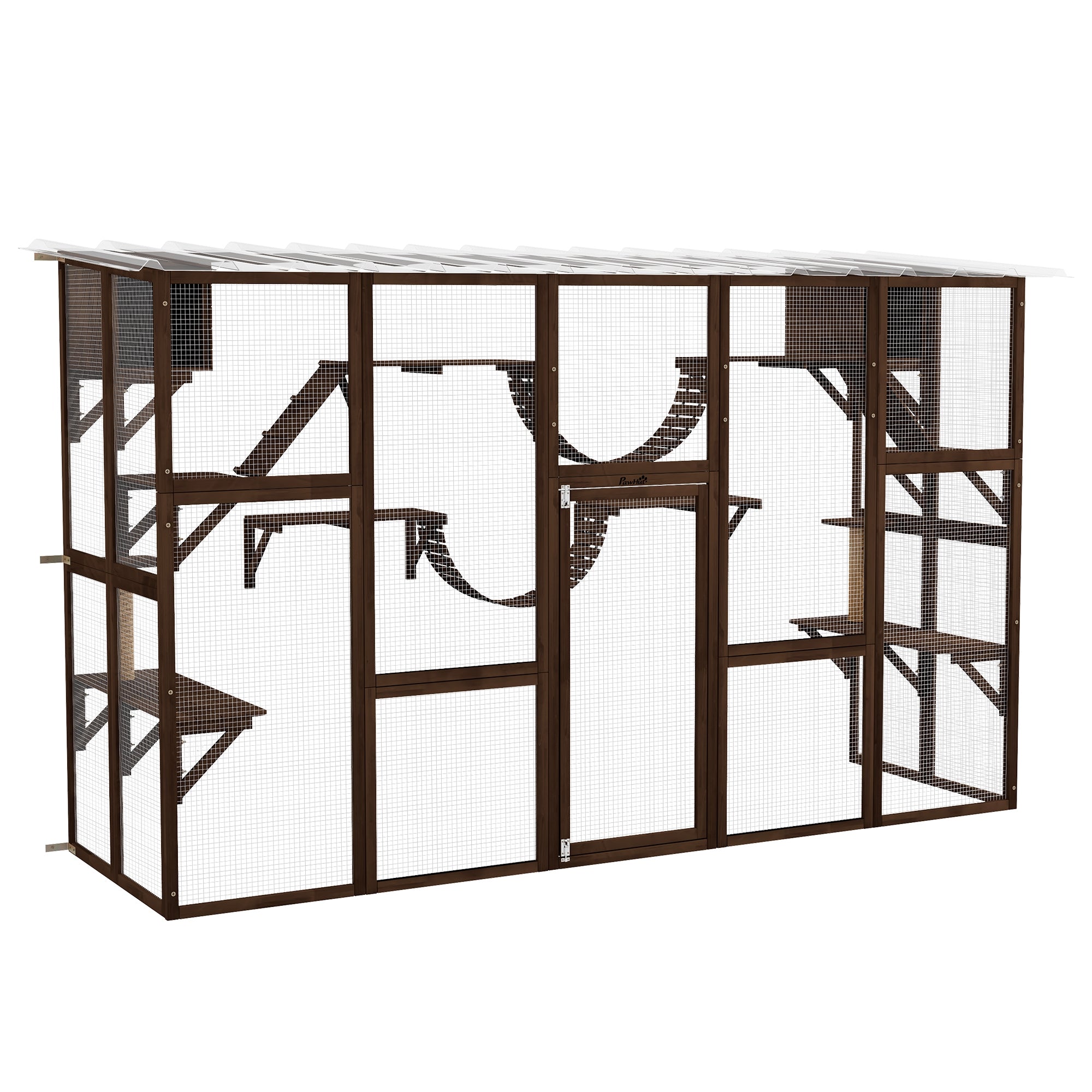 Large Outdoor Catio with Condos, Platforms, Doors, Ladders, Weather-Resistant Roof, Espresso Outdoor Cat Enclosures at Gallery Canada