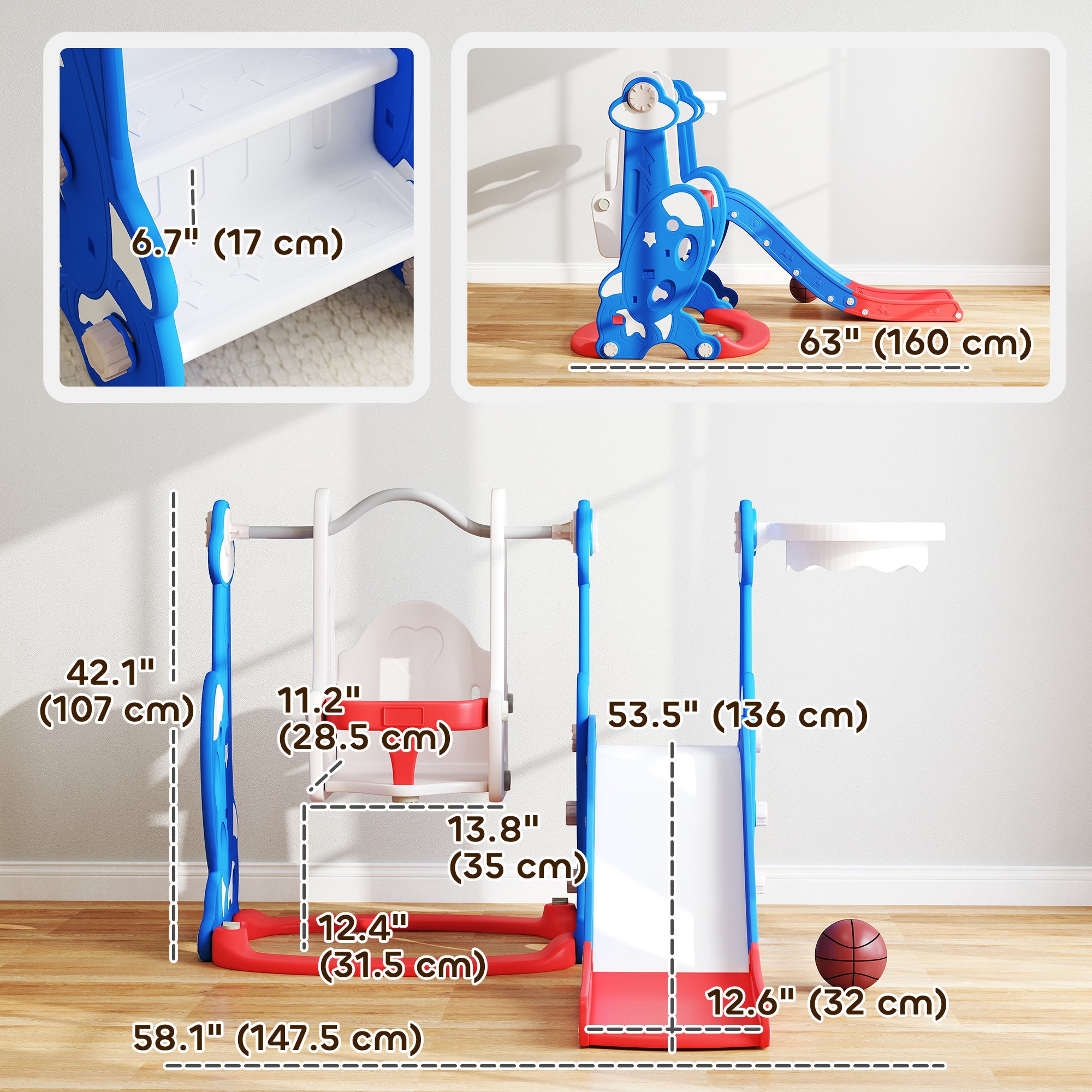 4-in-1 Slide and Swing Set with Basketball Hoop, Climber, for Ages 1.5-4 Boys Girls Toddler, Rocket Themed, Dark Blue Gym Sets & Swings at Gallery Canada