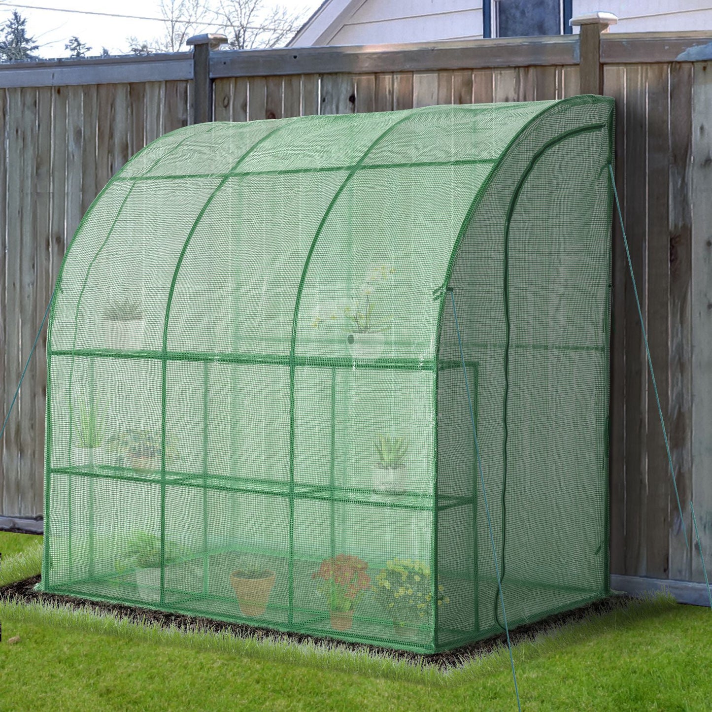 7' x 4' x 7' Outdoor Lean-to Walk-in Garden Greenhouse with Roll-Up Door Hot House for Plants Herbs Vegetables, Green Walk In Greenhouses   at Gallery Canada