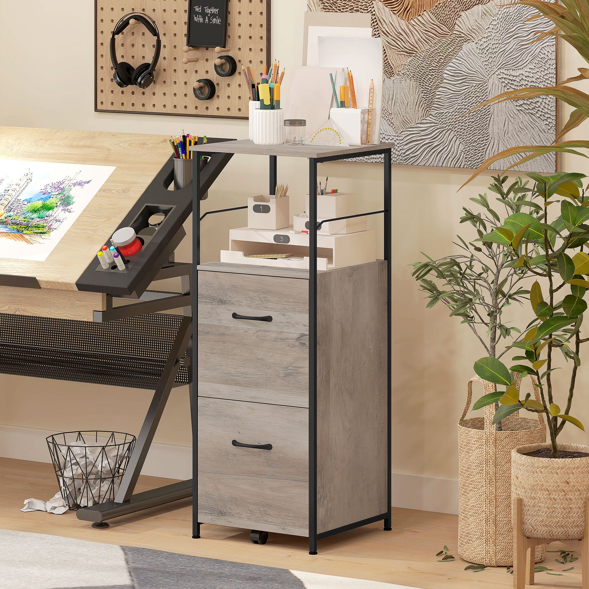 Vertical Filing Cabinet, Tall File Cabinet with 2 Drawers, Hanging Bars for Letter and A4 Size, Distressed Grey Office Cabinets & Cupboards at Gallery Canada