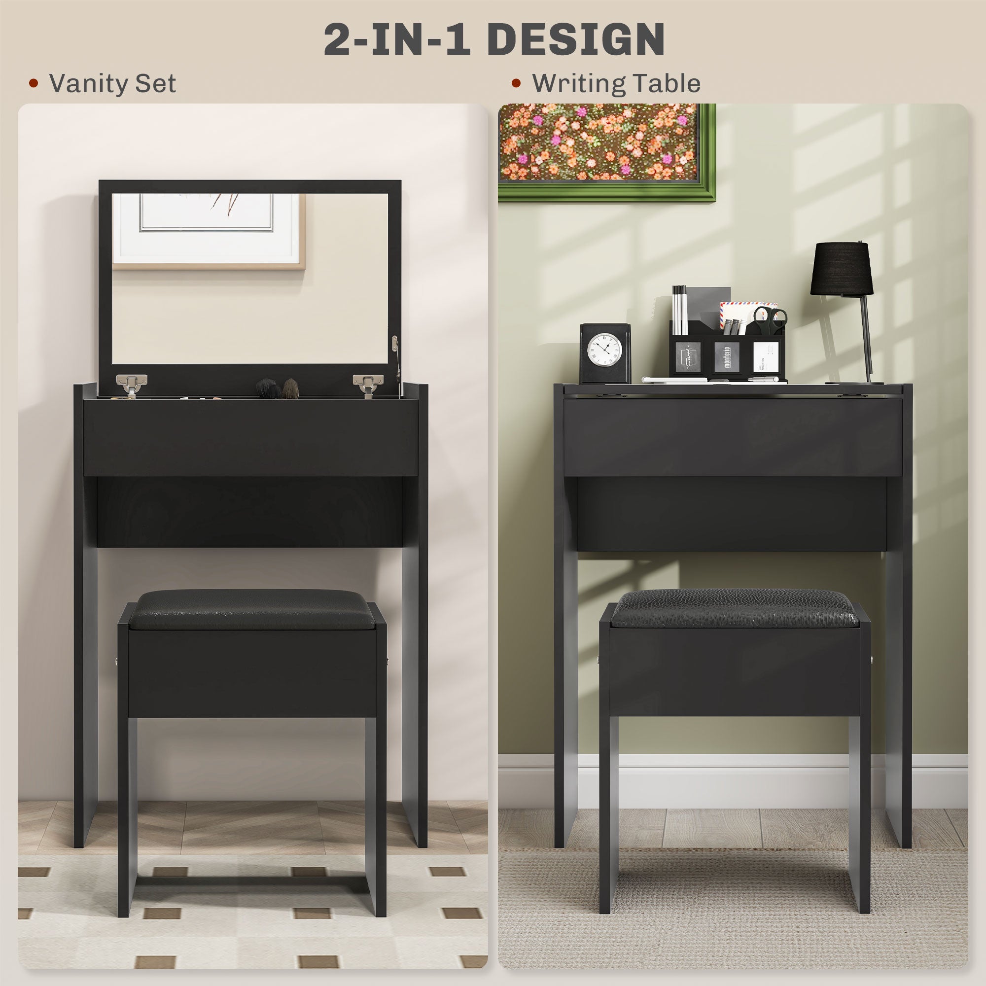 Modern Vanity Set with Makeup Table and Cushioned Stool, Dressing Table with Flip Top and Mirror for Bedroom, Black Dressing & Vanity Tables   at Gallery Canada