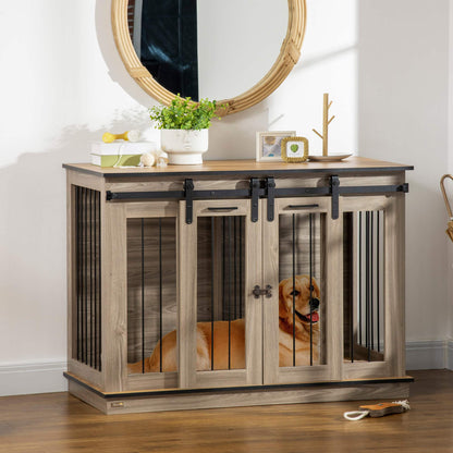 Wooden Dog Crate Furniture with Divider, TV Stand, 2 Rooms, Sliding Doors, Oak Houses, Kennels & Pens   at Gallery Canada