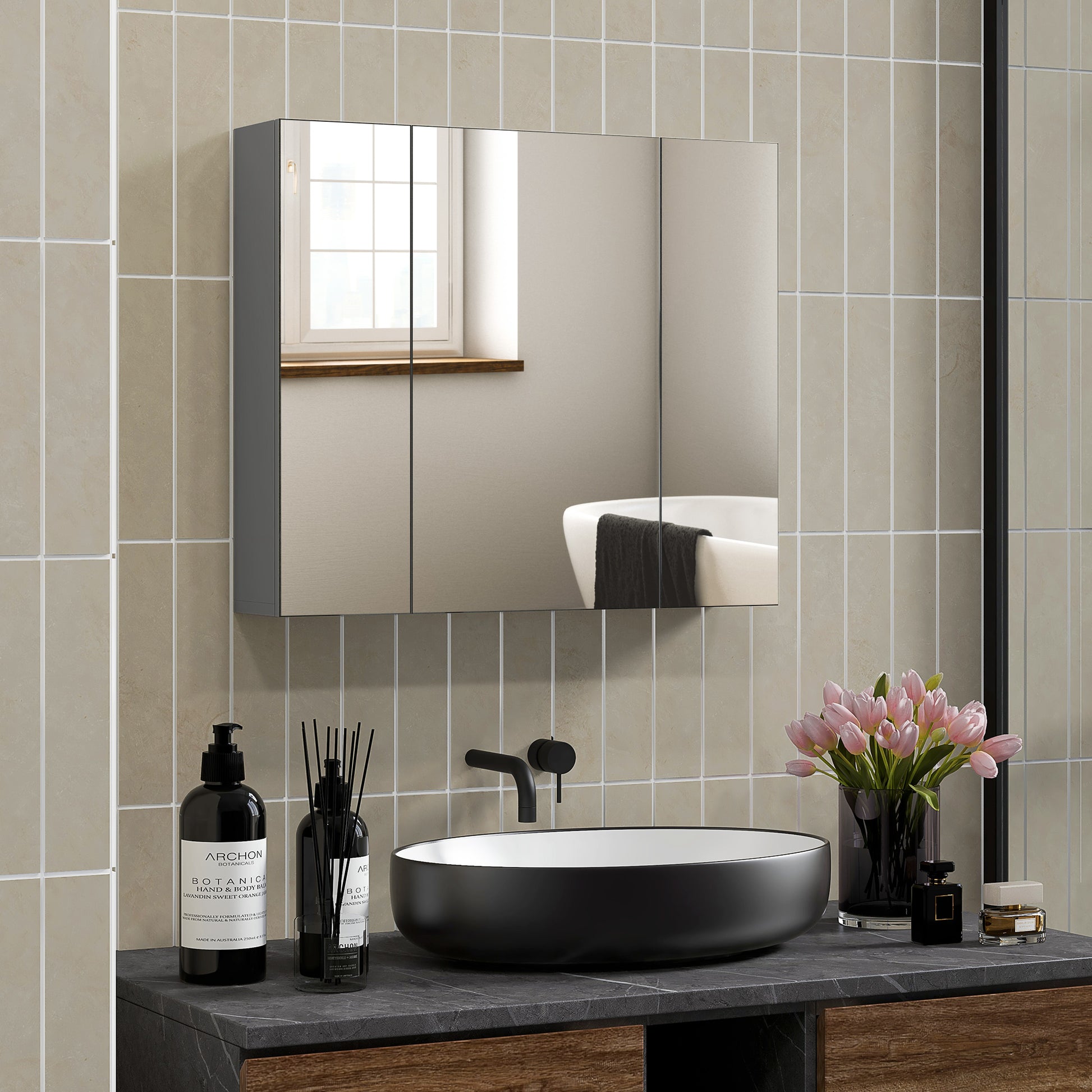 Wall Mounted Mirror Cabinet, Bathroom Medicine Cabinet with Mirror, 3 Doors and Adjustable Shelves, Gray Mirror Medicine Cabinets Grey  at Gallery Canada