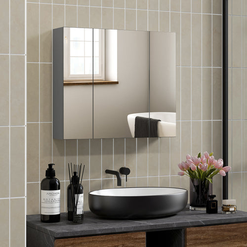 Wall Mounted Mirror Cabinet, Bathroom Medicine Cabinet with Mirror, 3 Doors and Adjustable Shelves, Gray