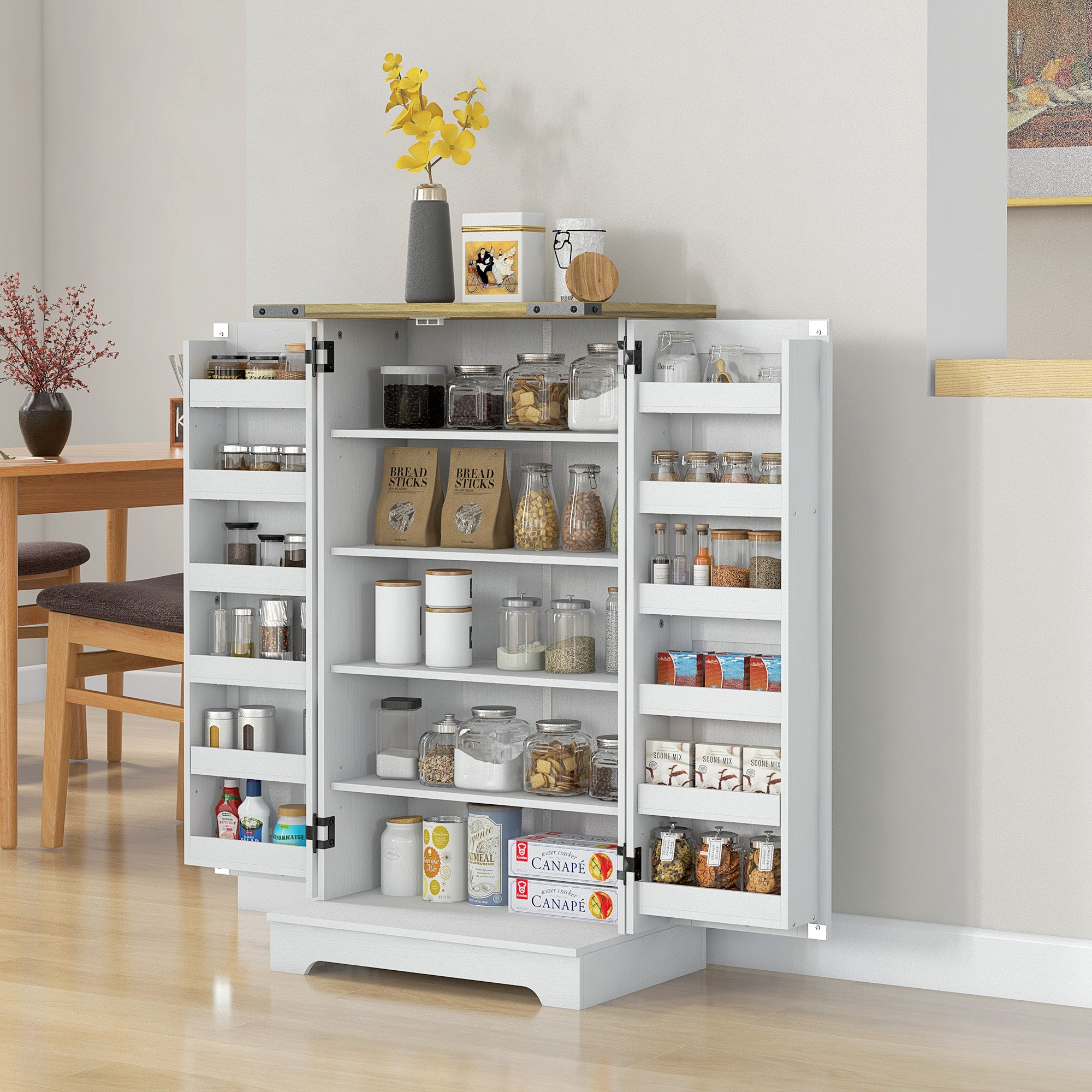 Farmhouse Kitchen Pantry Storage Cabinet, Kitchen Pantry Cabinet with Doors and Adjustable Shelves, Cream White Kitchen Pantry Cabinets Multi Colour  at Gallery Canada