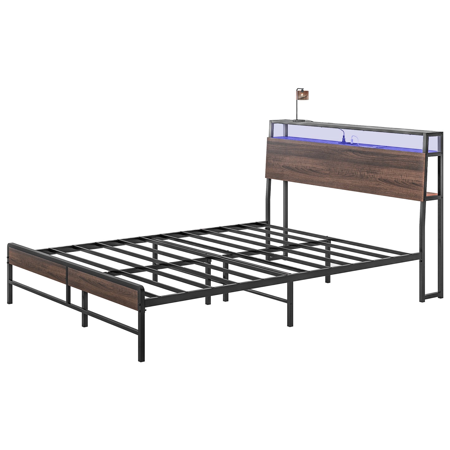 Queen Size Bed Frame with LED Lights and Charging Station, Queen Bed Frame with Storage Headboard, Noise-Free, Walnut Bedroom Furniture   at Gallery Canada