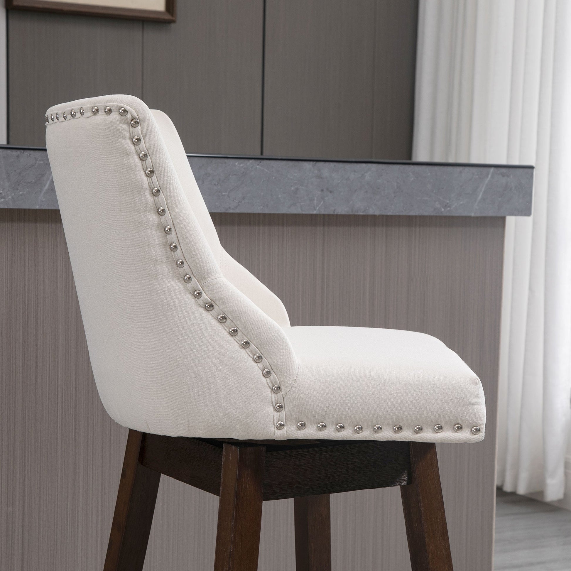 Swivel Bar stool Set of 2 Armless Upholstered Bar Chairs with Nailhead-Trim, Wood Legs, Cream White Bar Stools   at Gallery Canada