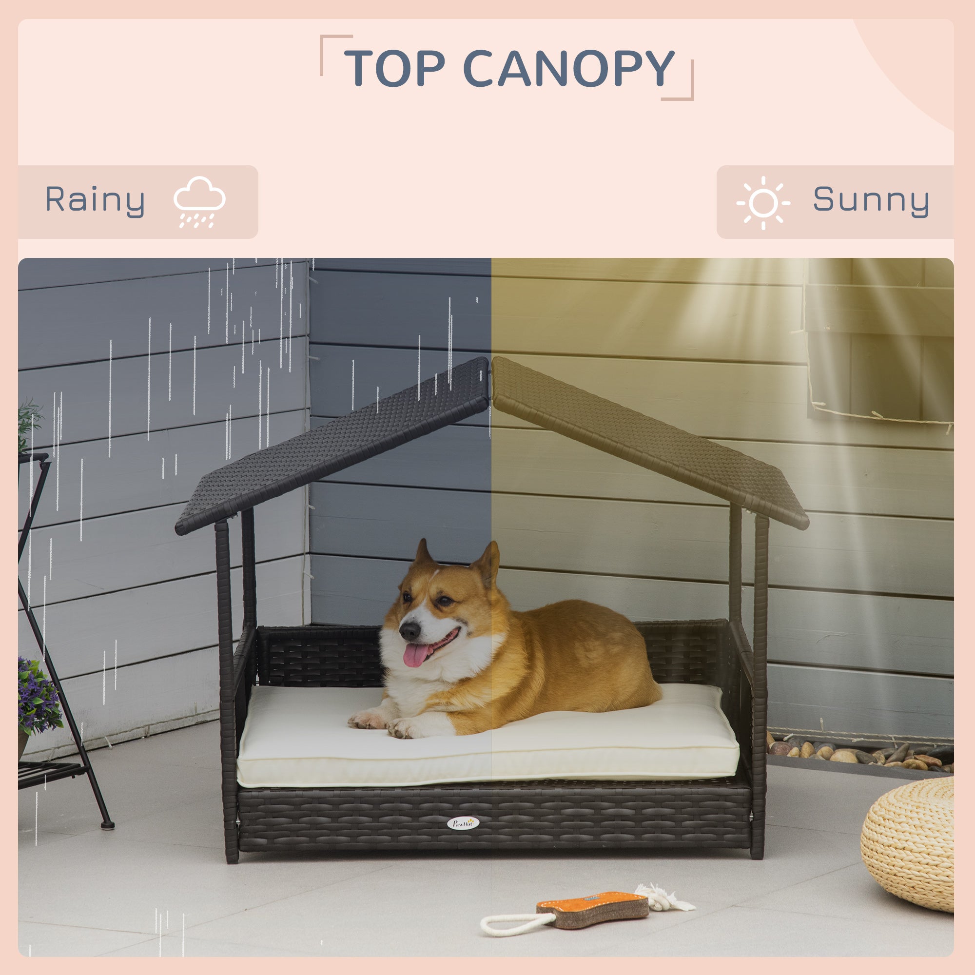 Elevated Rattan Dog House Outdoor with Canopy, Wicker Dog Bed with Water-Resistant Cushion, for Small and Medium Dogs Cream White Houses, Kennels & Pens at Gallery Canada