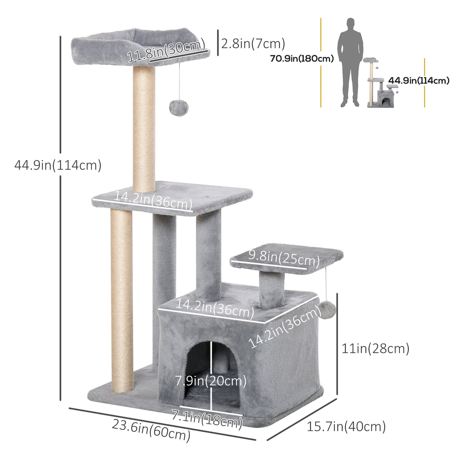 Cat Tree for Indoor Cats, Multi-Level Cat Condo with Sisal Scratching Post, Perch, Hanging Ball, Light Grey Cat Towers   at Gallery Canada