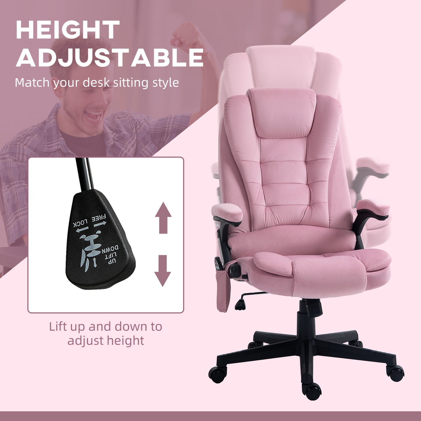 6 Point Vibrating Massage Office Chair High Back Executive Chair with Reclining Back, Swivel Wheels, Pink Massage Chairs   at Gallery Canada