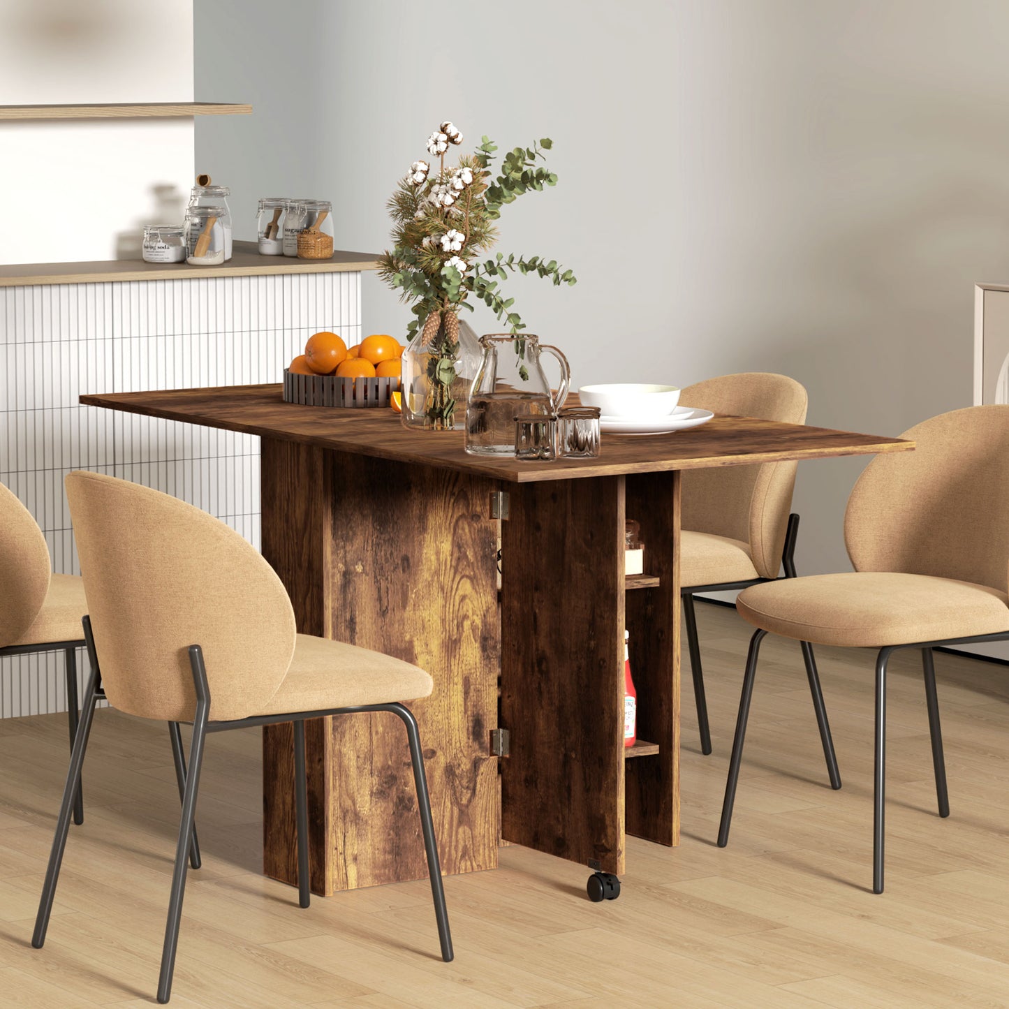 Extendable Dining Table, Collapsible Folding Table w/ 2-tier Shelves and Rolling Casters, Rustic Brown Dining Tables at Gallery Canada