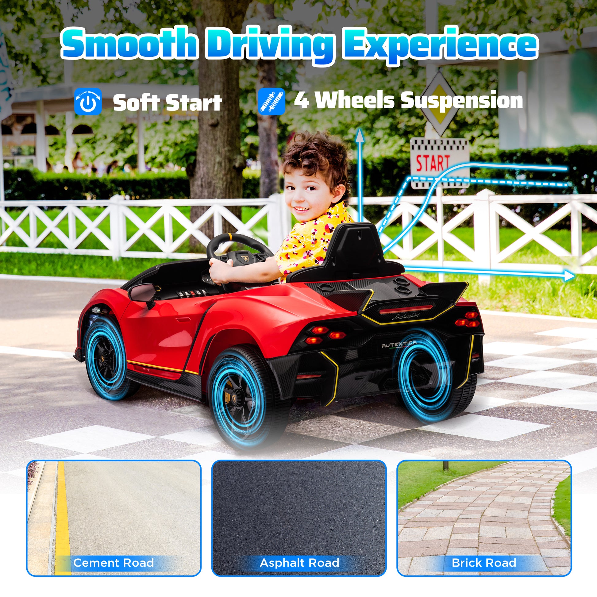 12V Lamborghini Autentica Licensed Kids Car with Remote Control, 4 Wheels Spring Suspension, Soft Start, Red Electric Toy Cars   at Gallery Canada