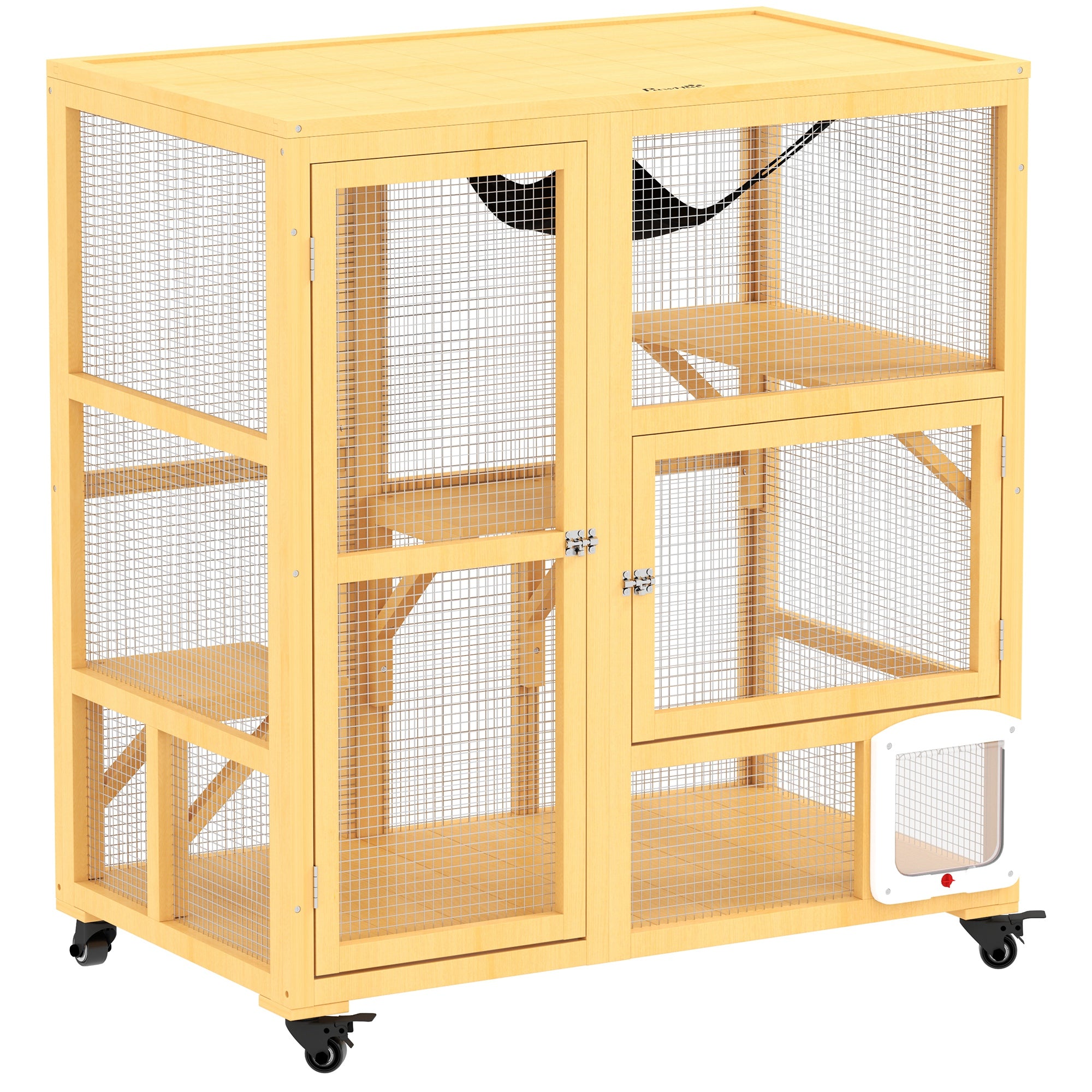 Cat Condo Wooden Indoor Cat House on Wheels with Cat Flap Door Platforms Hammock Openable Top for 2 Cats, Yellow Outdoor Cat Enclosures at Gallery Canada