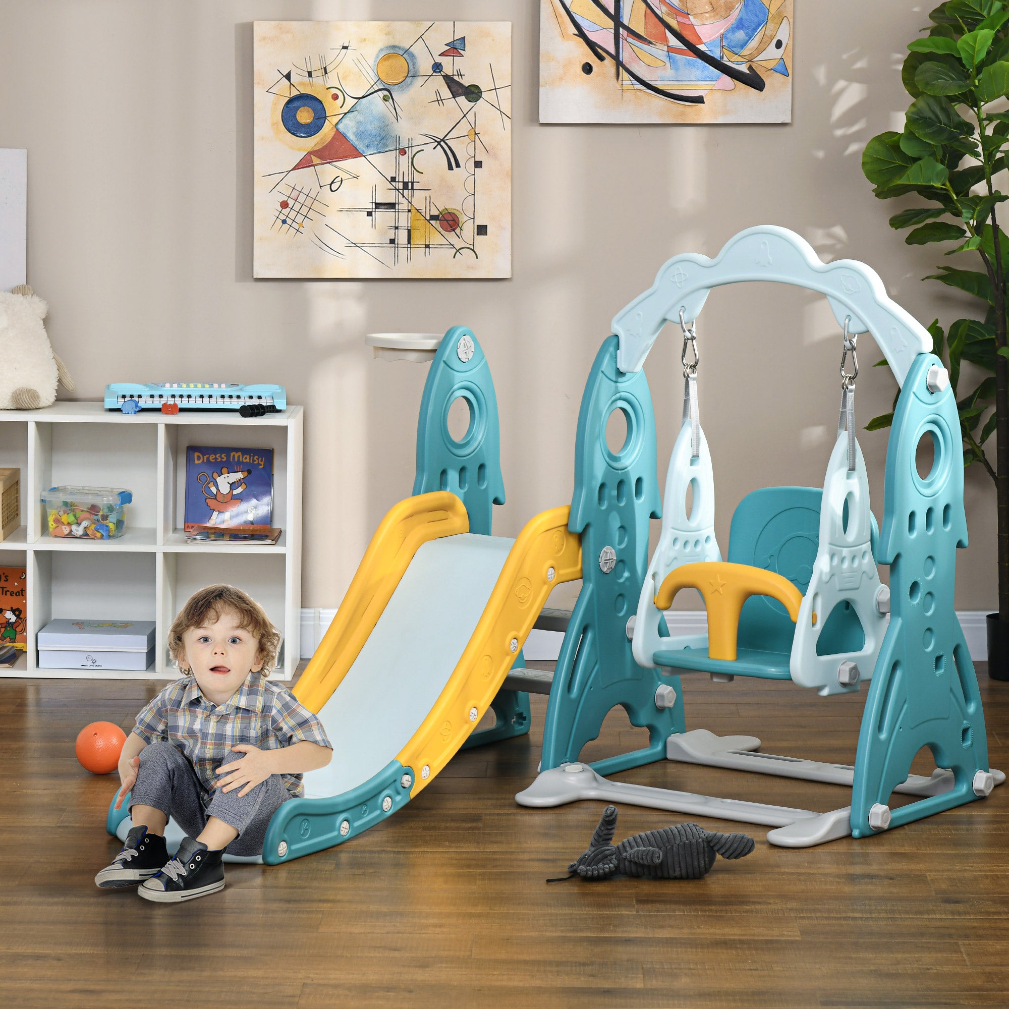 3 in 1 Kids Slide and Swing Set Indoor Playground w/ Basketball Hoop, Climber, Adjustable Swing, Light Blue Gym Sets & Swings Light Blue  at Gallery Canada