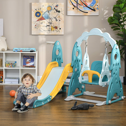 3 in 1 Kids Slide and Swing Set Indoor Playground w/ Basketball Hoop, Climber, Adjustable Swing, Light Blue Gym Sets & Swings   at Gallery Canada