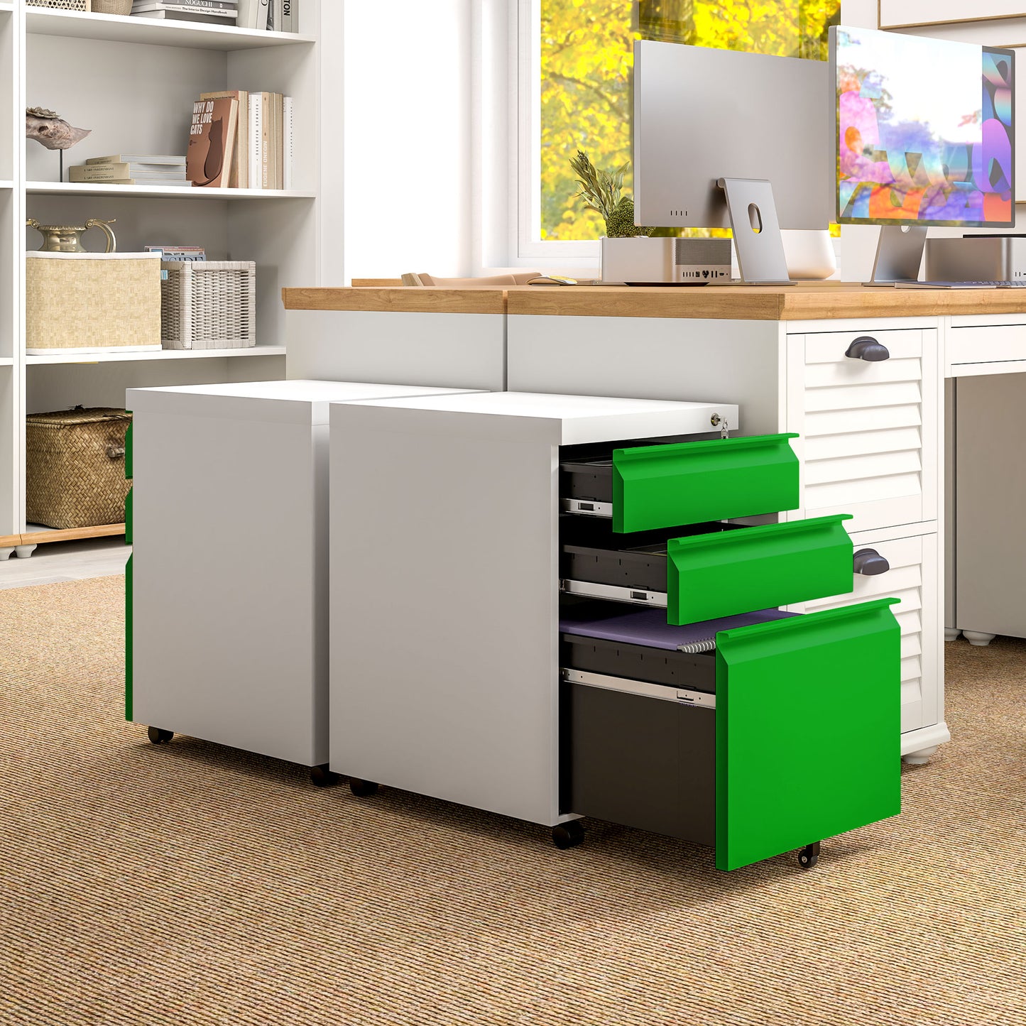 3 Drawer Filing Cabinet, Lockable Office Storage Cabinet on Wheels for Legal, Letter, A4 Files, Green Office Cabinets & Cupboards   at Gallery Canada