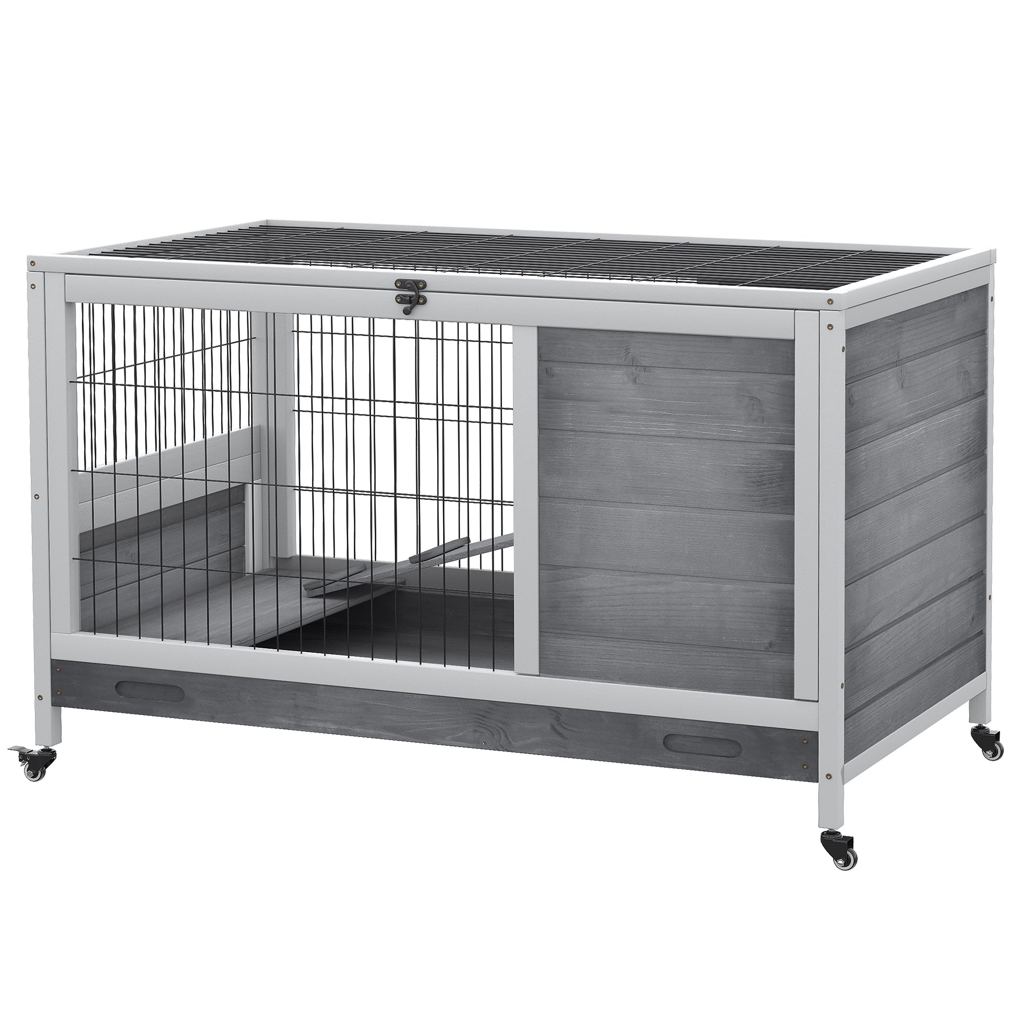 Wooden Indoor Rabbit Hutch Elevated Bunny Cage Habitat with Enclosed Run with Wheels, Suitable for Rabbits and Guinea Pigs, Grey Rabbit Hutch at Gallery Canada
