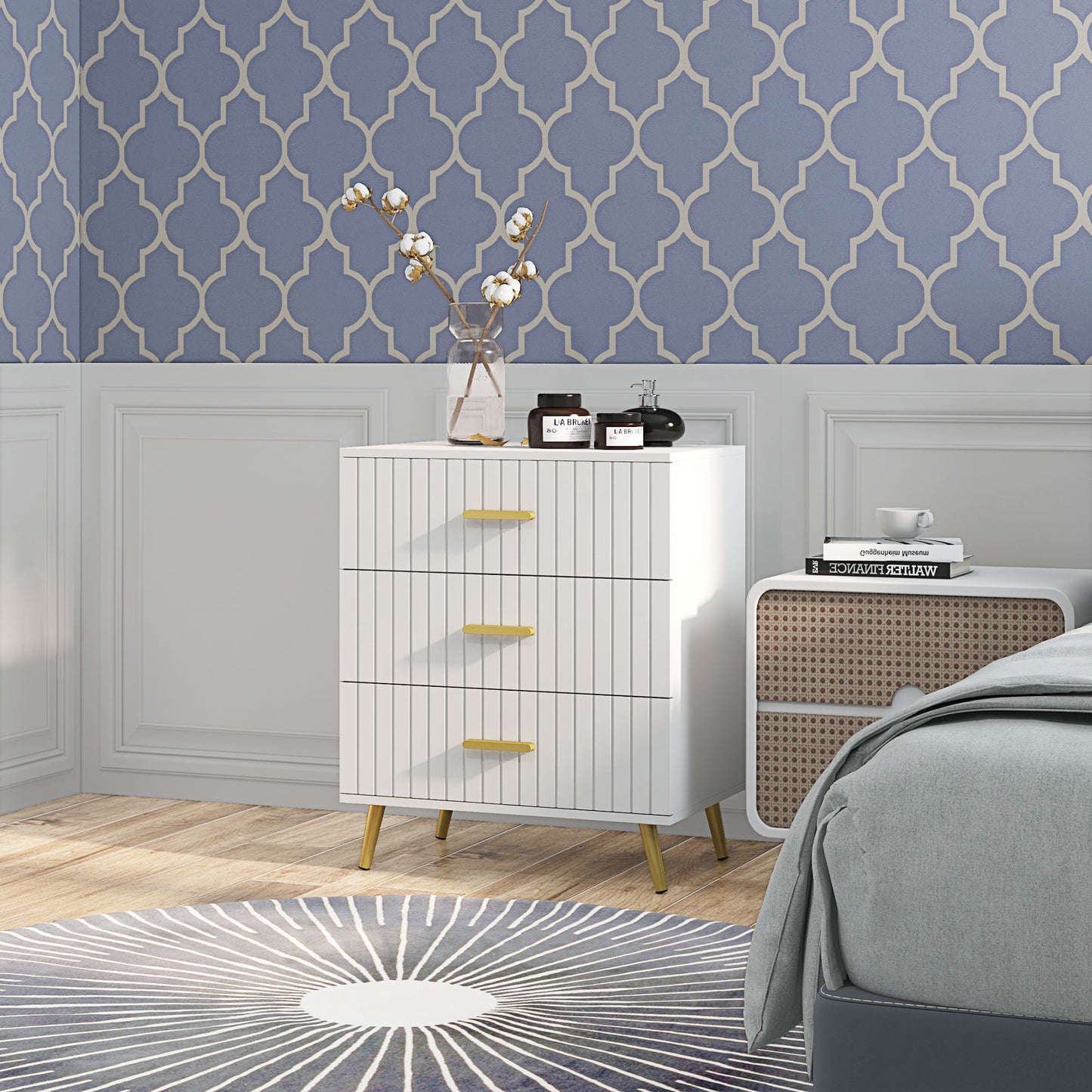 3 Drawer Cabinet, Drawer Chest for Bedroom, Chest of Drawers with Aluminium Legs and Gold Handles, White Storage Cabinets Multi Colour  at Gallery Canada