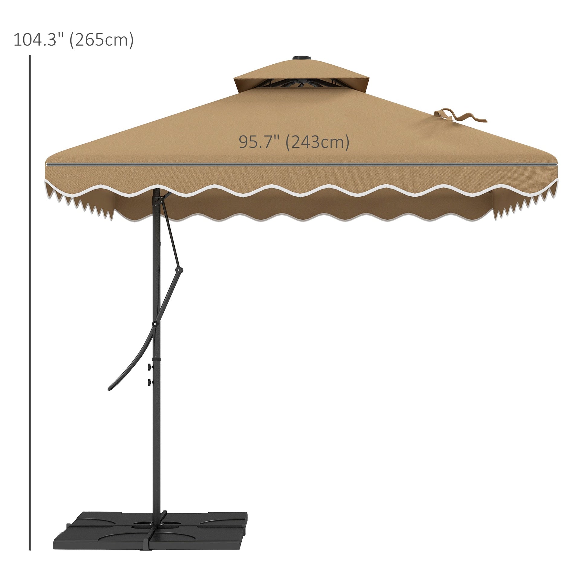 8' x 8' Square Double Top Offset Patio Umbrella Garden Parasol with Ruffles, Lever Handle and Weights, Khaki Cantilever Umbrellas   at Gallery Canada