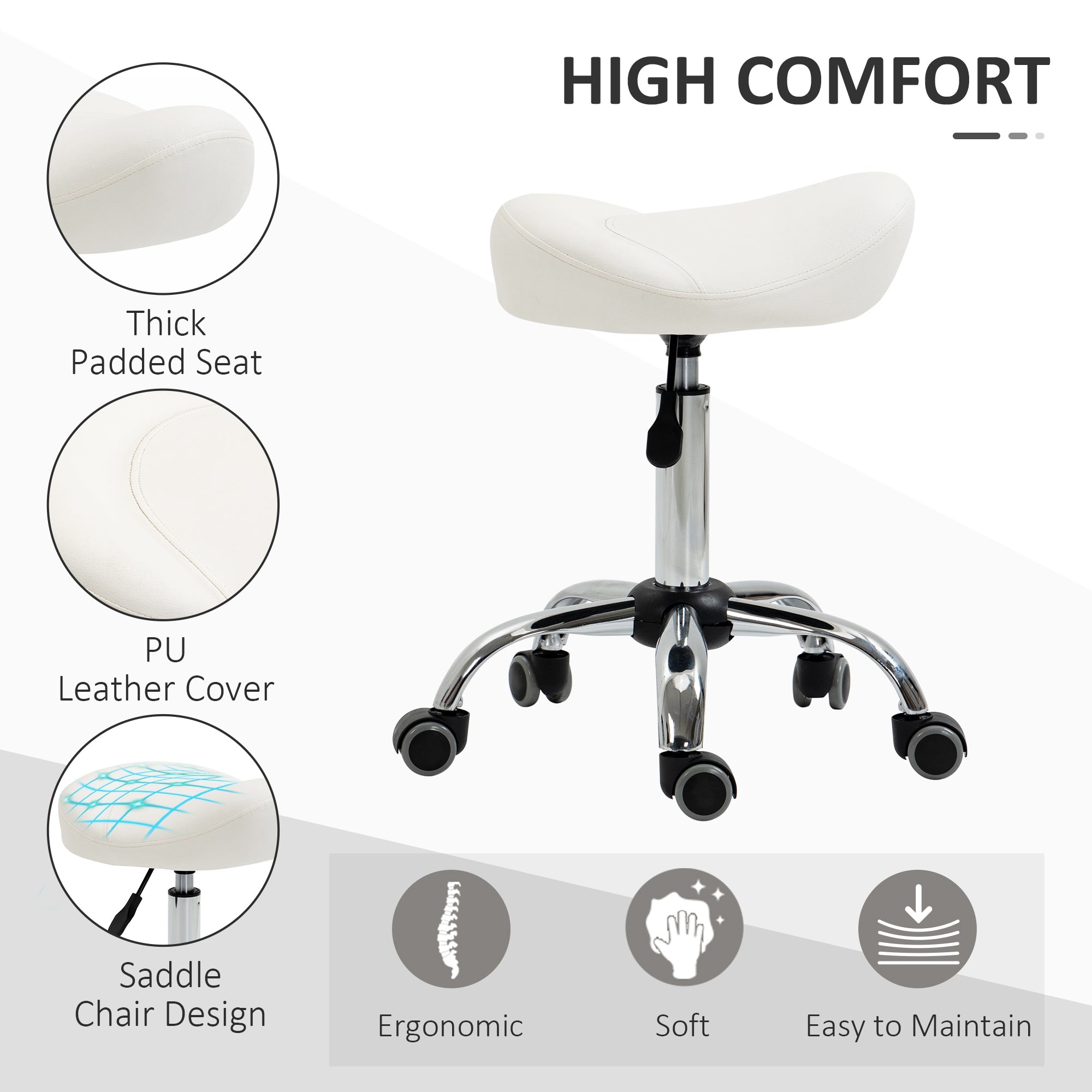 Saddle Stool, Height Adjustable Rolling Salon Chair with PU Leather for Massage, Spa, Clinic, Beauty and Tattoo, White Salon Stools   at Gallery Canada