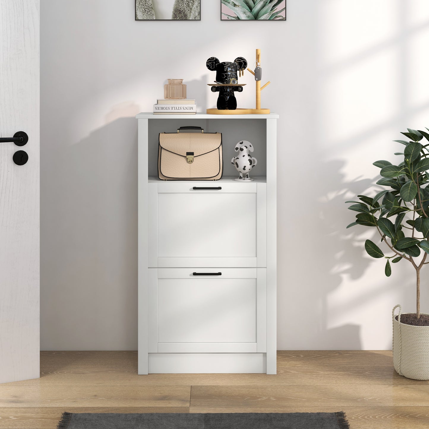 Narrow Shoe Cabinet with Open Shelf and 2 Flip Drawers for 10 Pairs of Shoes, for Entryway, Hallway, White Shoe Storage Cabinets & Racks   at Gallery Canada