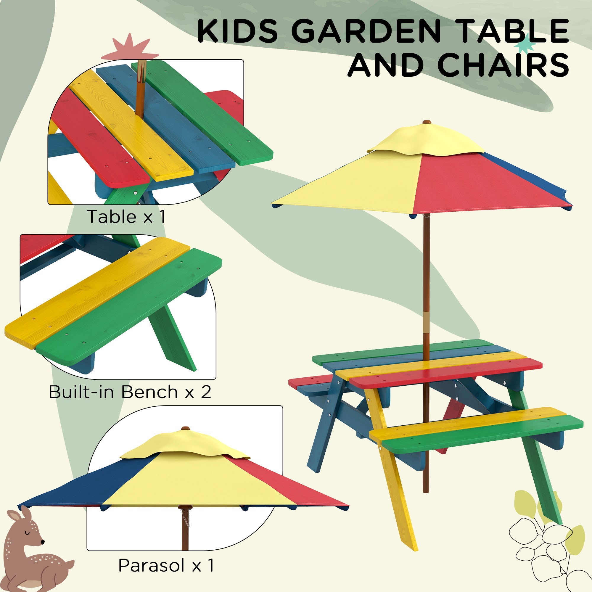 Wooden Kids Picnic Table Bench Set with Removable Umbrella for Backyard, Garden, 3-6 Years Old Kids Outdoor Furniture   at Gallery Canada