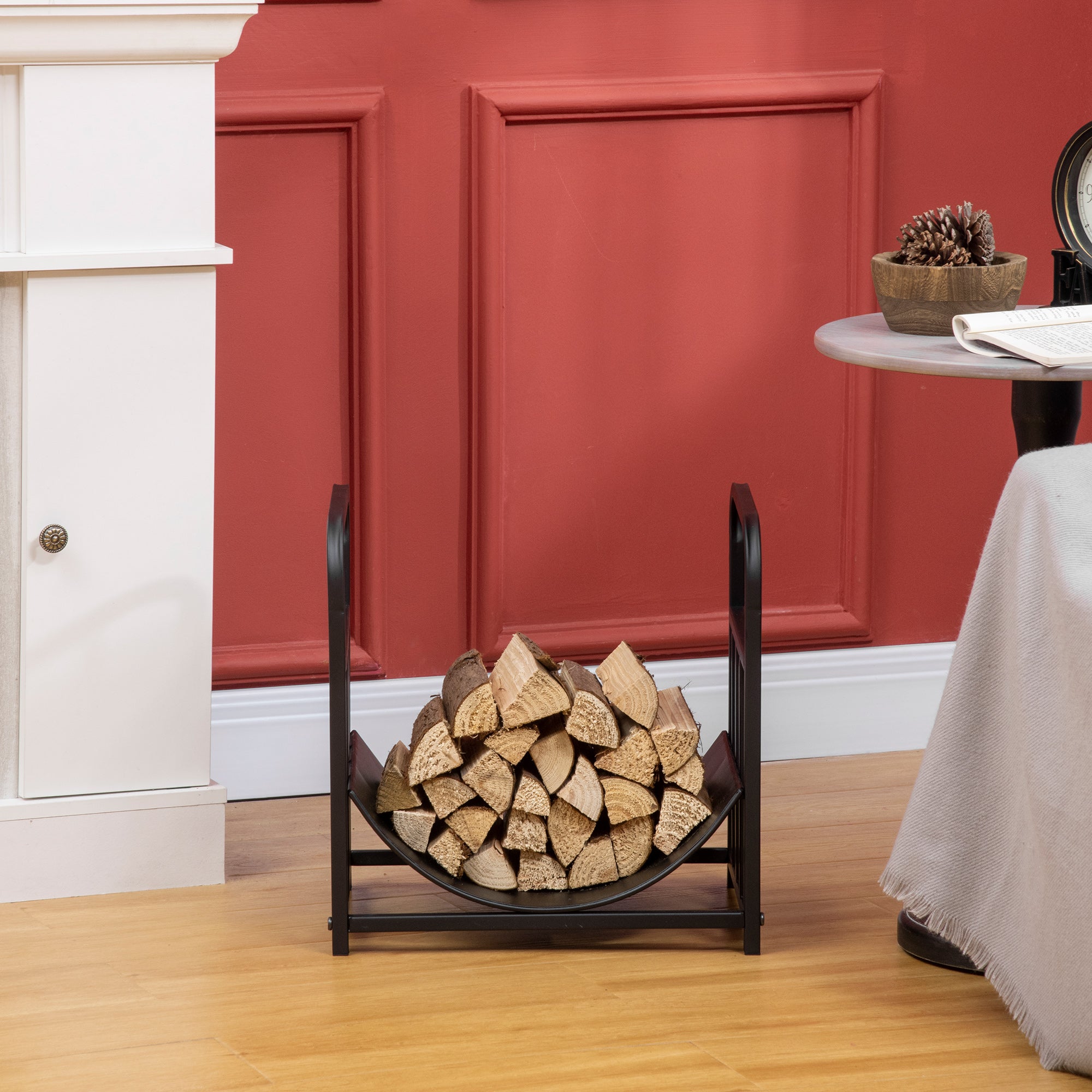 Curved Firewood Rack with Bear and Pine Tree Design, 17 Inch Log Holder Storage Rack with 110 lbs. Capacity, Black Firewood Racks at Gallery Canada