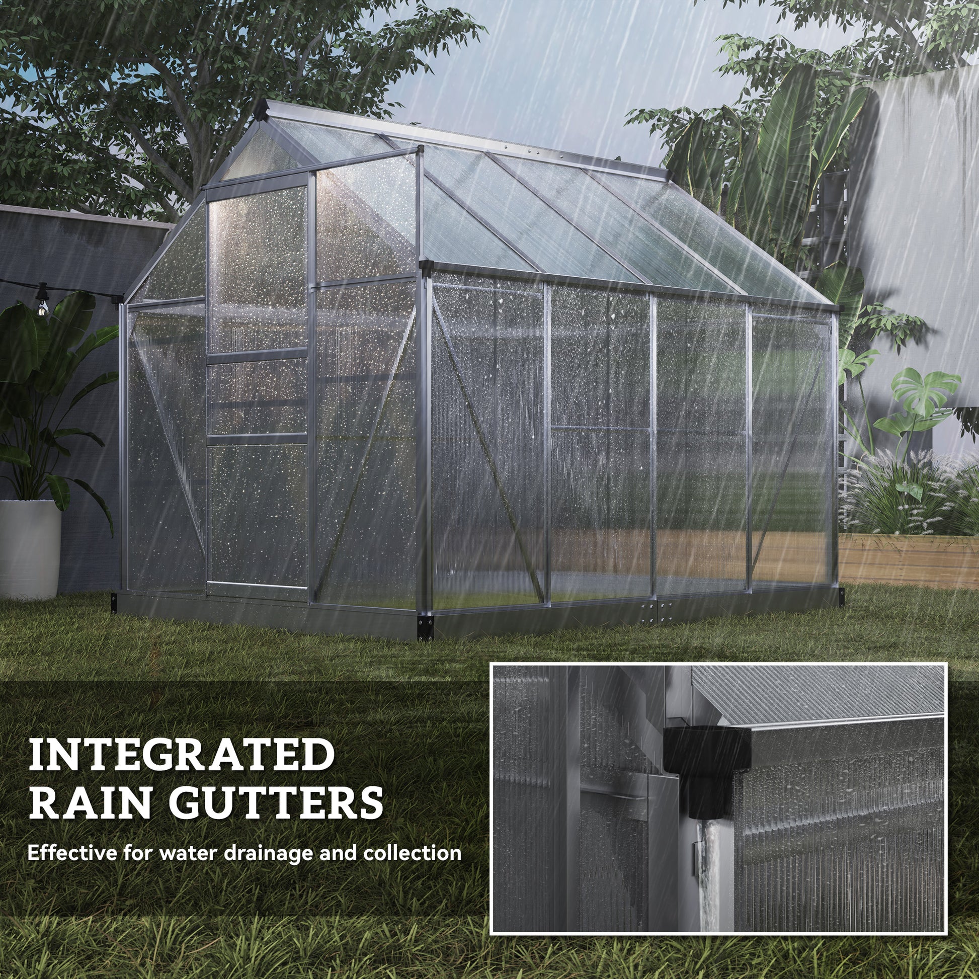 6' x 8' x 6.6' Polycarbonate Greenhouse, Walk-In Green House Kit Garden, Plants Grow, Galvanized Sheet Aluminum Frame with Rain Gutter, Vent and Sliding Door, Silver Walk In Greenhouses at Gallery Canada