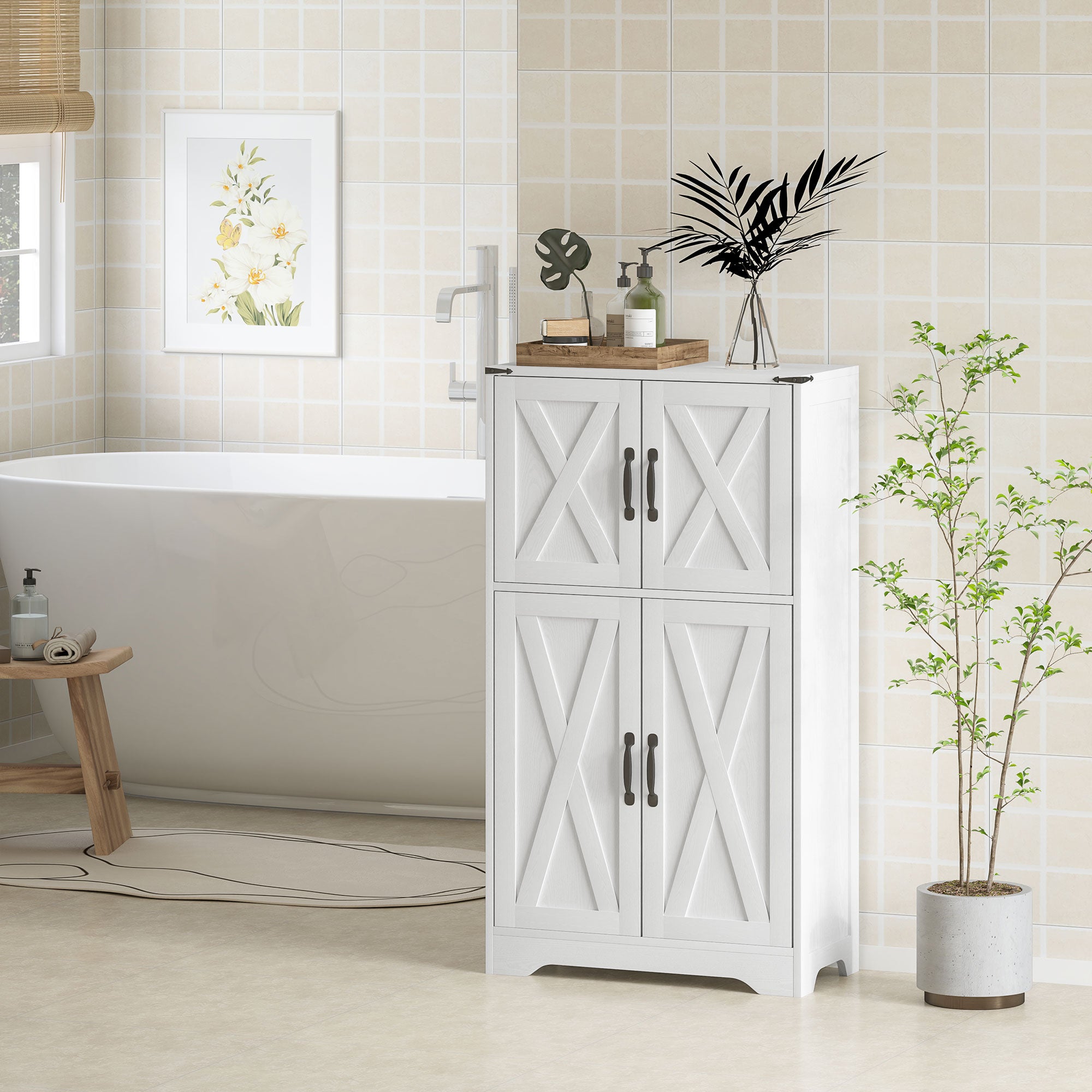 Farmhouse Kitchen Pantry, Freestanding Kitchen Pantry Storage Cabinet with Barn Doors and Adjustable Shelves, White Kitchen Pantry Cabinets at Gallery Canada