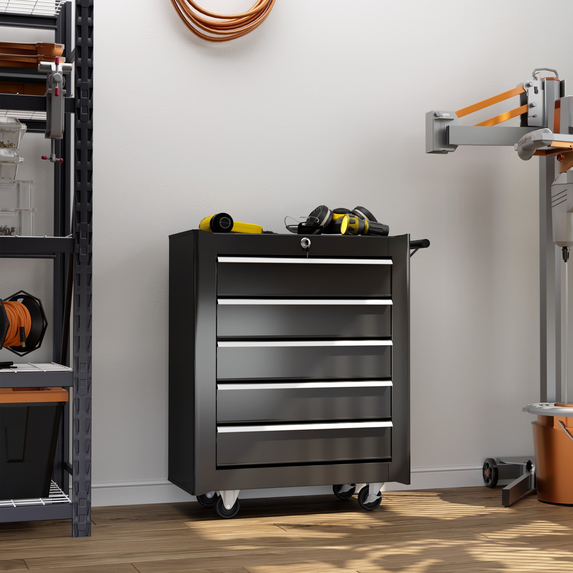 5 Drawer Roller Tool Chest, Mobile Lockable Toolbox, Storage Organizer with Handle for Workshop Mechanics Garage, Black Tool Organizers at Gallery Canada