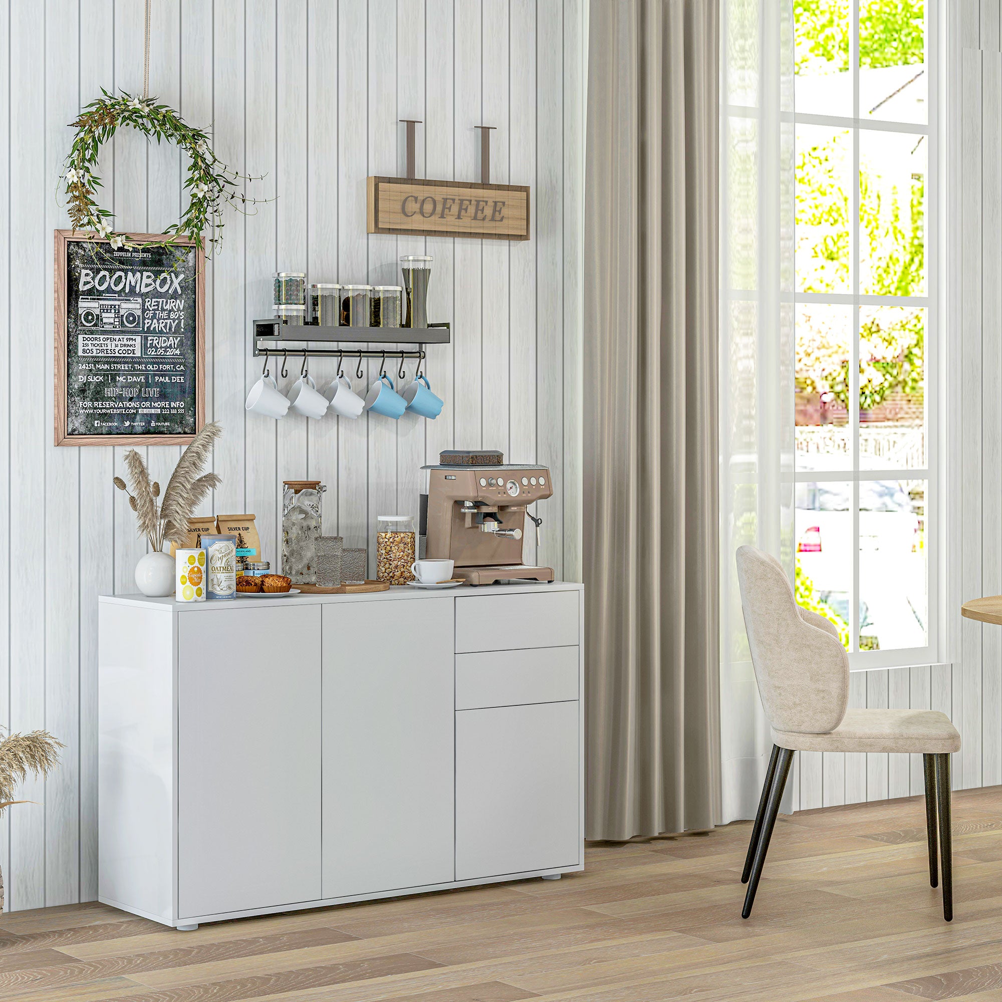 Kitchen Sideboard Storage Cabinet, Modern Coffee Bar with Push-Open Design and 2 Drawers for Living Room, White Kitchen Pantry Cabinets White  at Gallery Canada