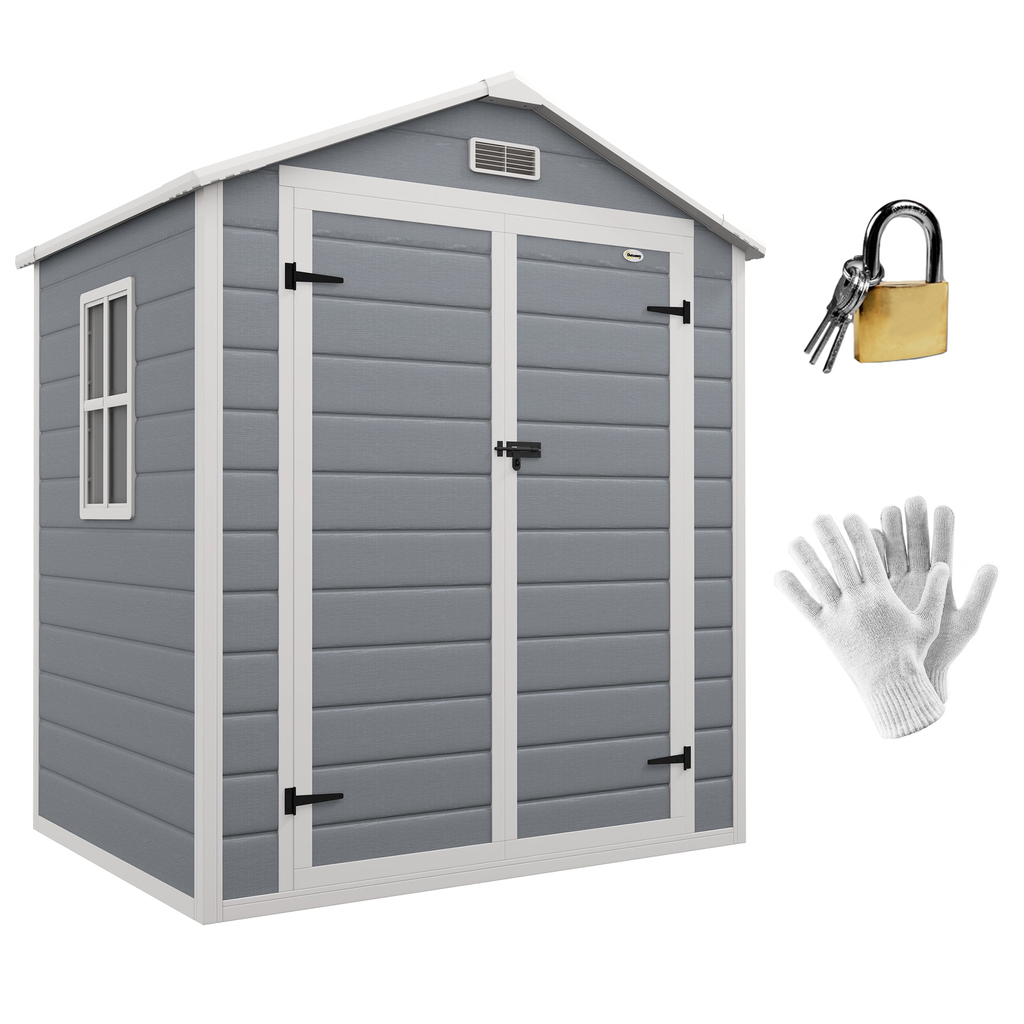 6x4.5FT Plastic Shed, Lockable Garden Tool Storage House with Double Doors and Vent, Grey Sheds   at Gallery Canada